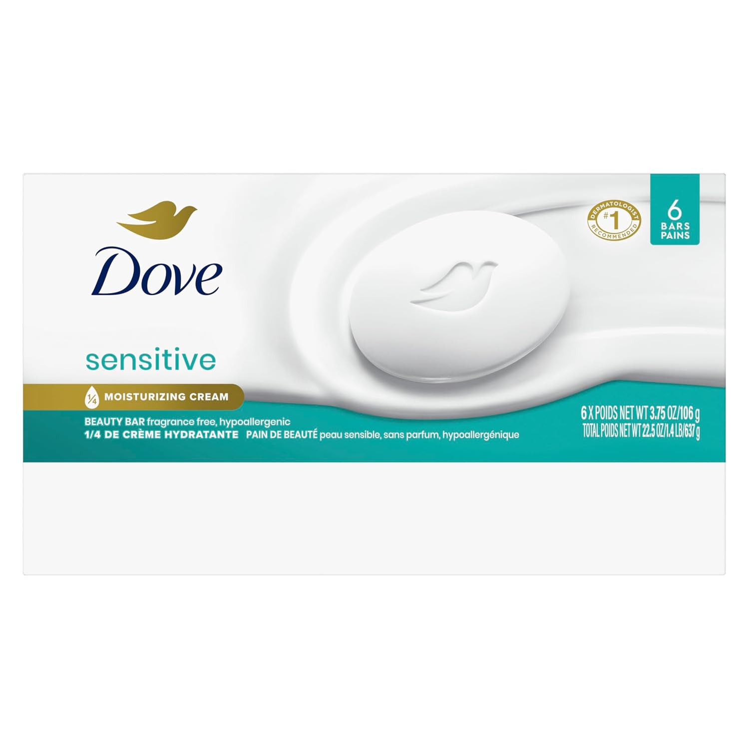 Dove Beauty Bar Soap Sensitive, 6 Bars for Sensitive Skin, Fragrance Free and Hy