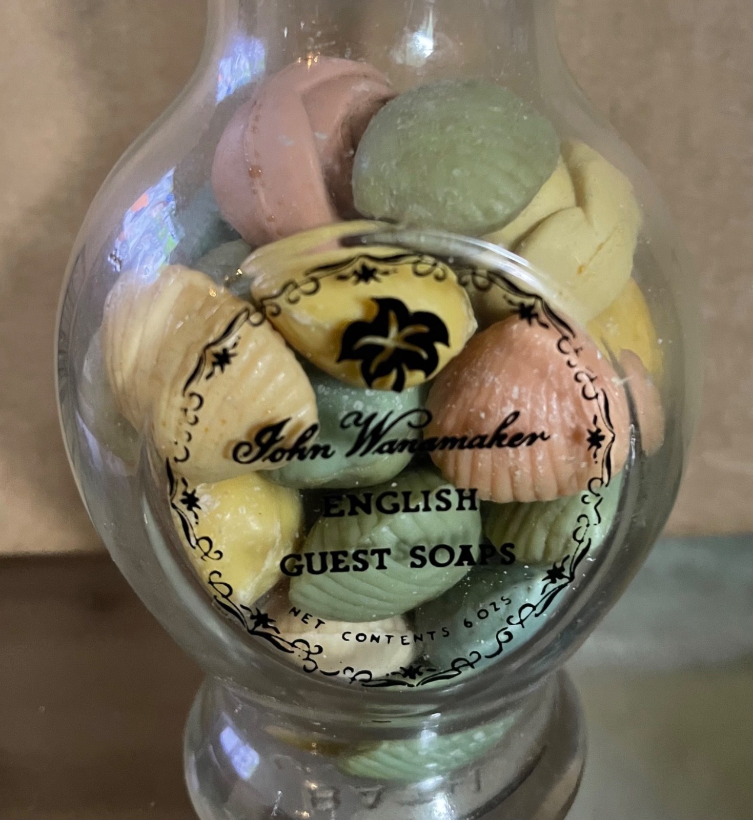 Vintage John Wanamaker English Guest Soaps Glass Jar 6 oz Full Bottle
