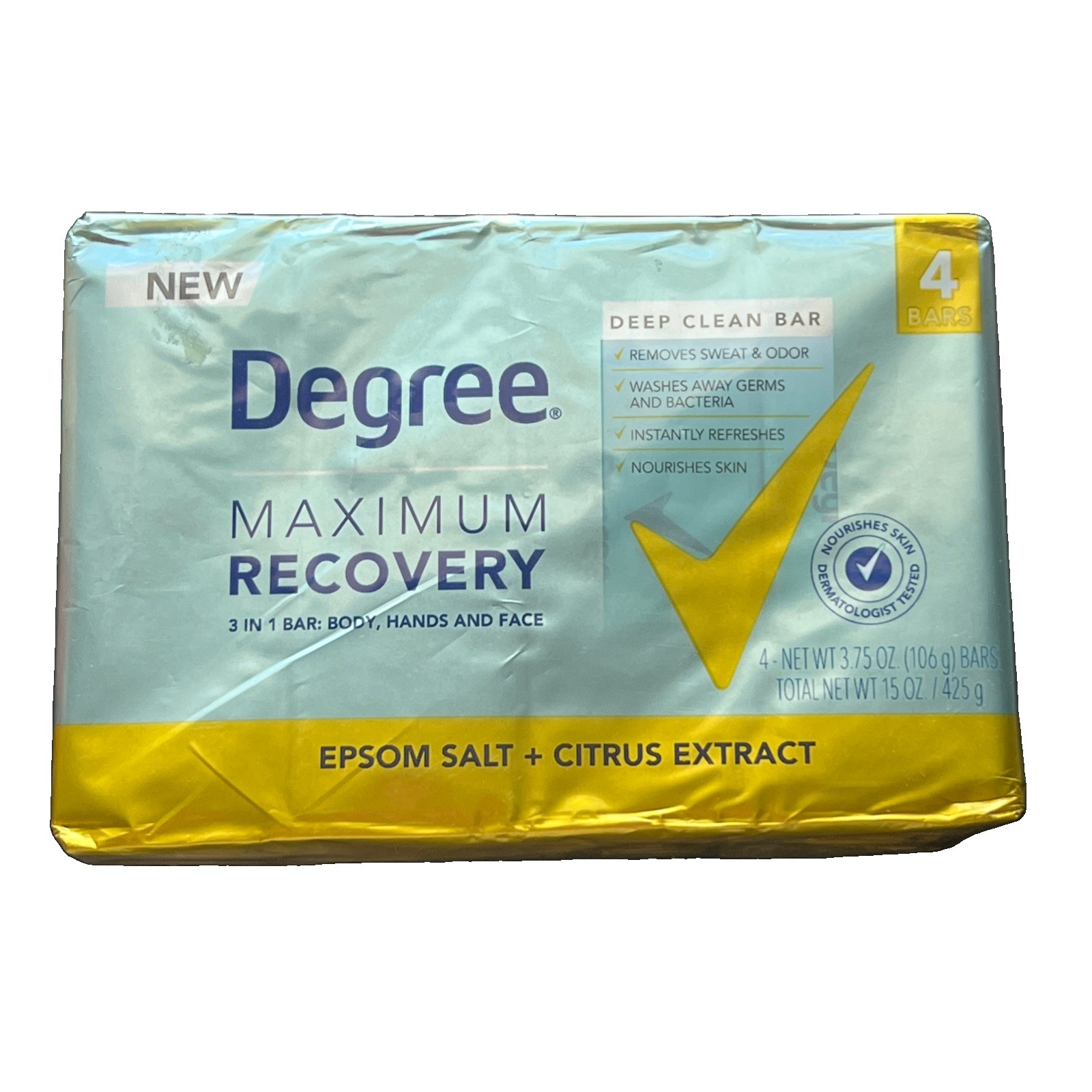 4 Bars Degree Maximum Recovery Epsom Salt + Citrus Extract Bar Soap 3.75 Oz. HTF