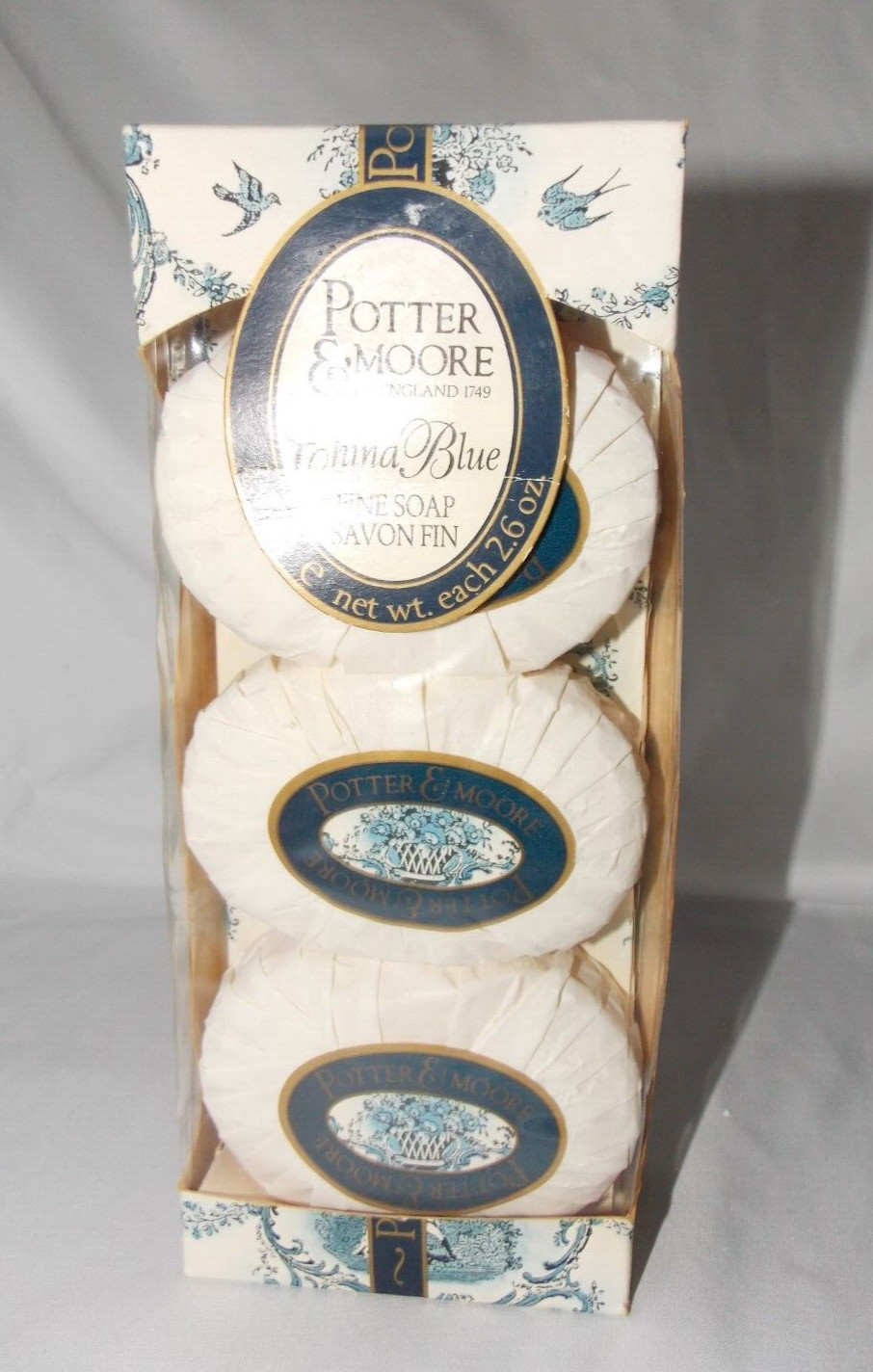 Potter & Moore China Blue Fine Soap 3 Bars England White Willow & Ginseng Vtg.
