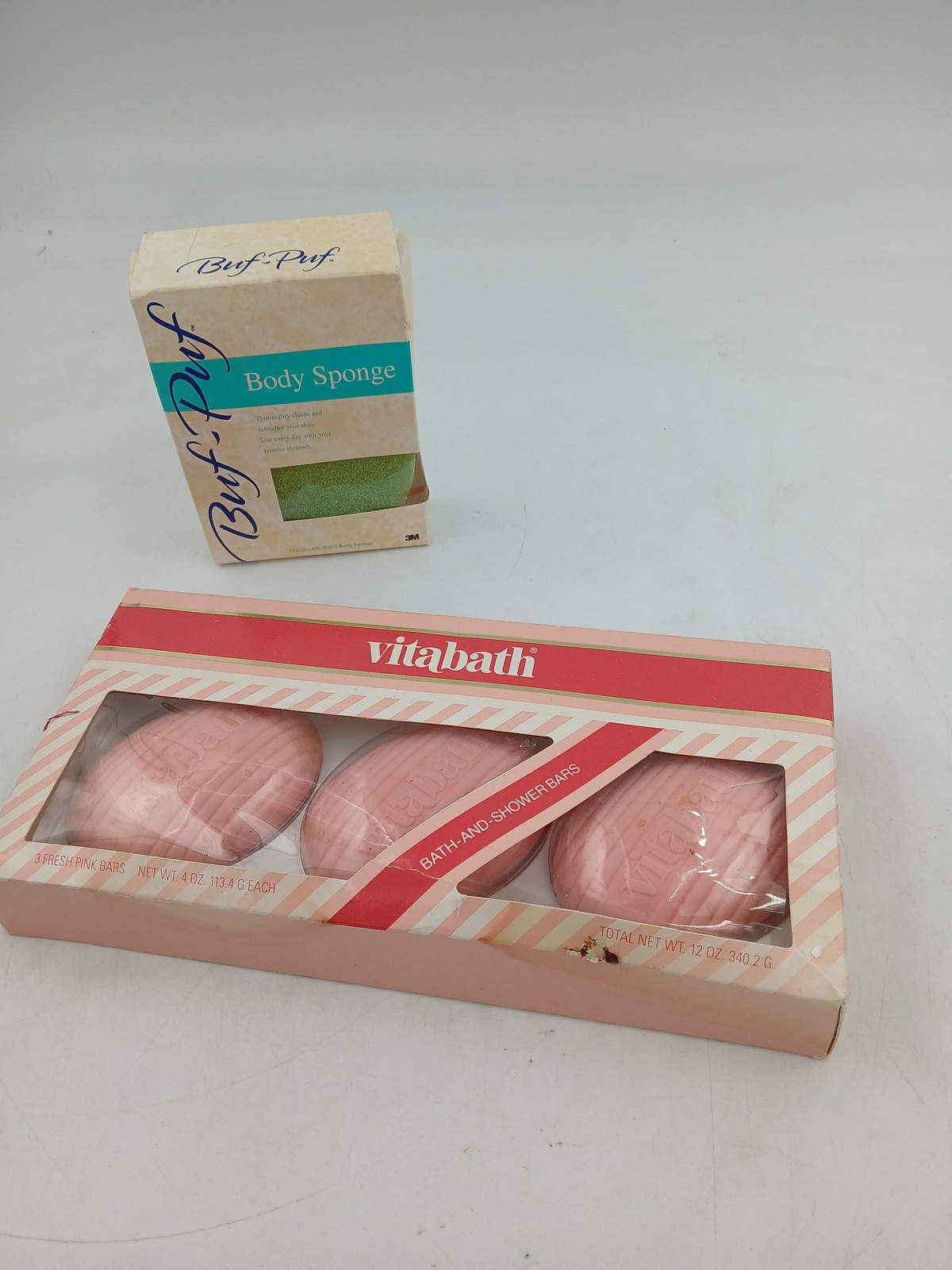 VTG Vitabath Fresh Pink Bath & Shower Bars 12oz 3 Pack Soap + Buf-Puf Sponge Set