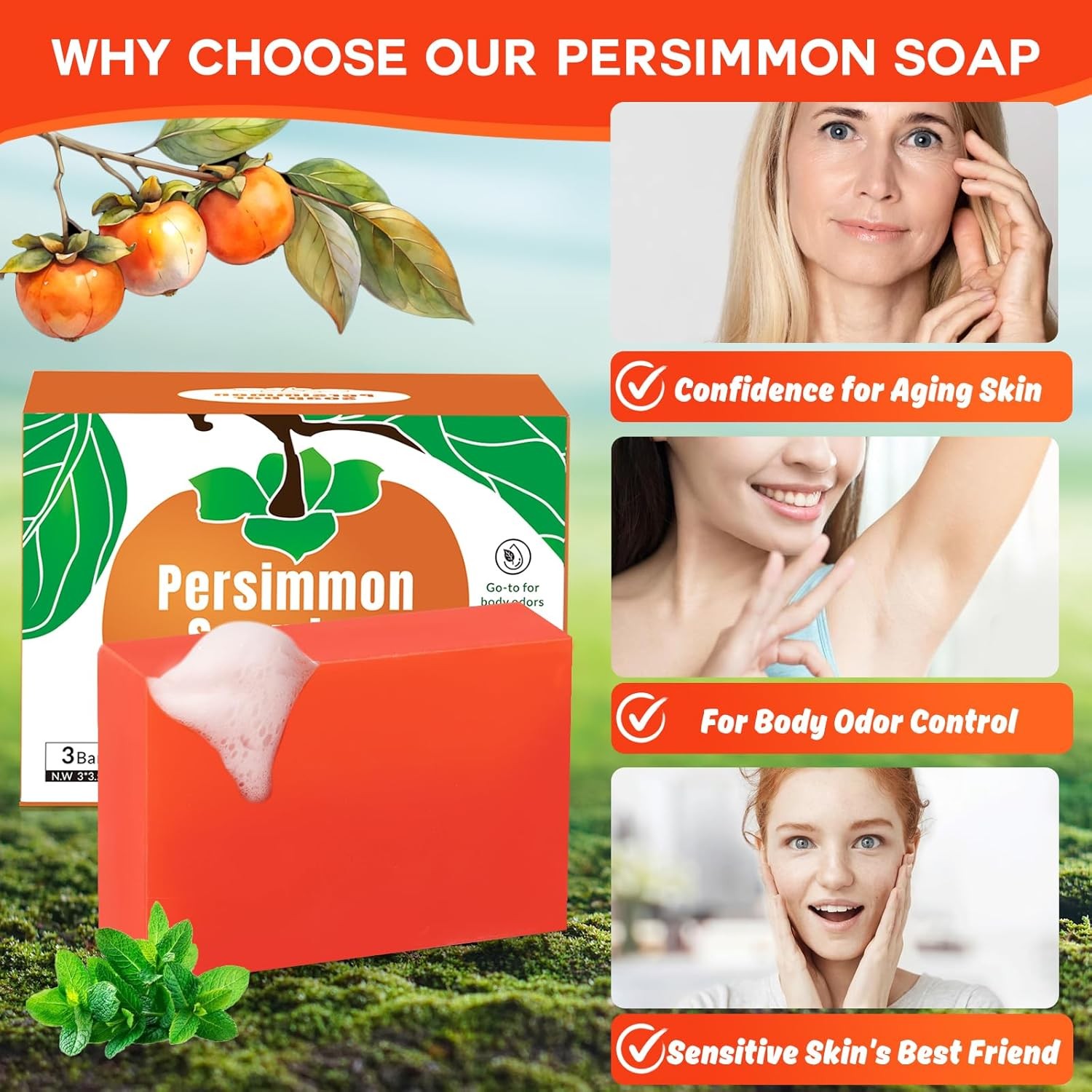 3 PCS Persimmon Soap Bar for Body Odor Control, Natural Body Bar Soap for Old Pe