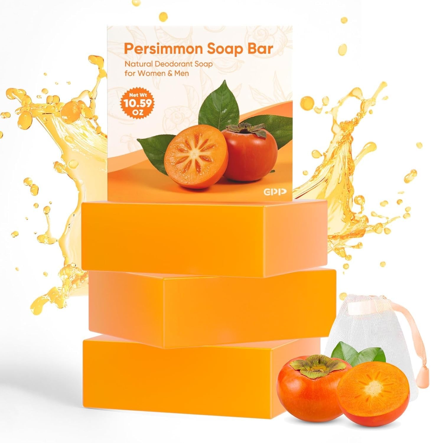 Persimmon Soap Bar for Body Odor Control – 3 PCS Natural Body Wash Soap for f…