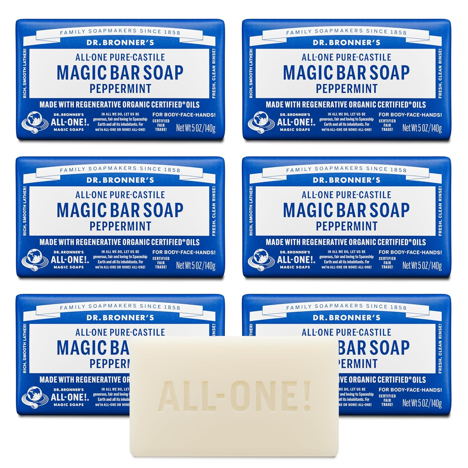 Pure-Castile Magic Soap Bars (Peppermint, 5 Oz, 6-Pack) – Made with Regenerative