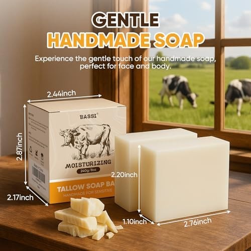Beef Tallow Soap Bar, 2 Pack All Natural Grass Fed Tallow Soap, Moisturizing Fac