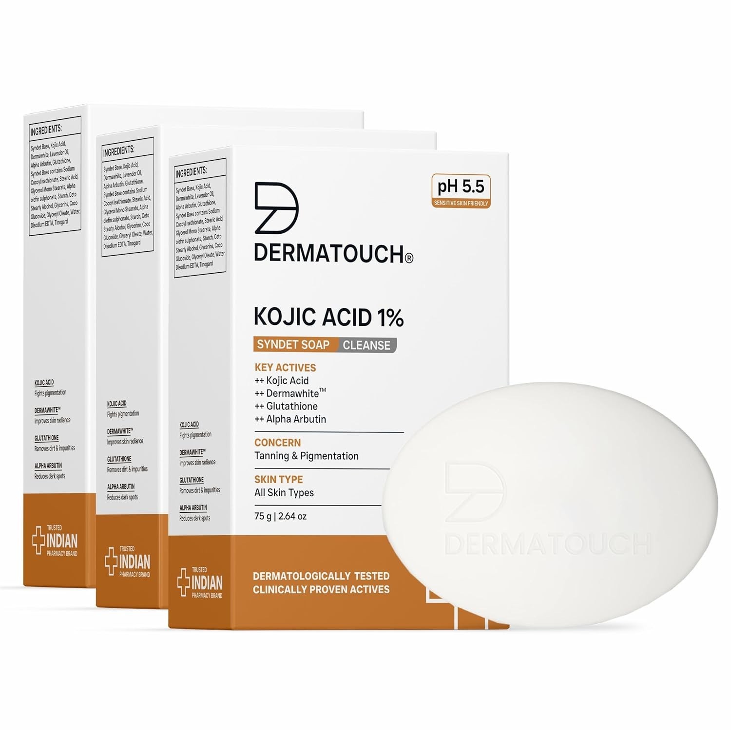 DERMATOUCH Kojic Acid 1% Soap with Glutathione & Alpha Arbutin|75gm (pack of 3)