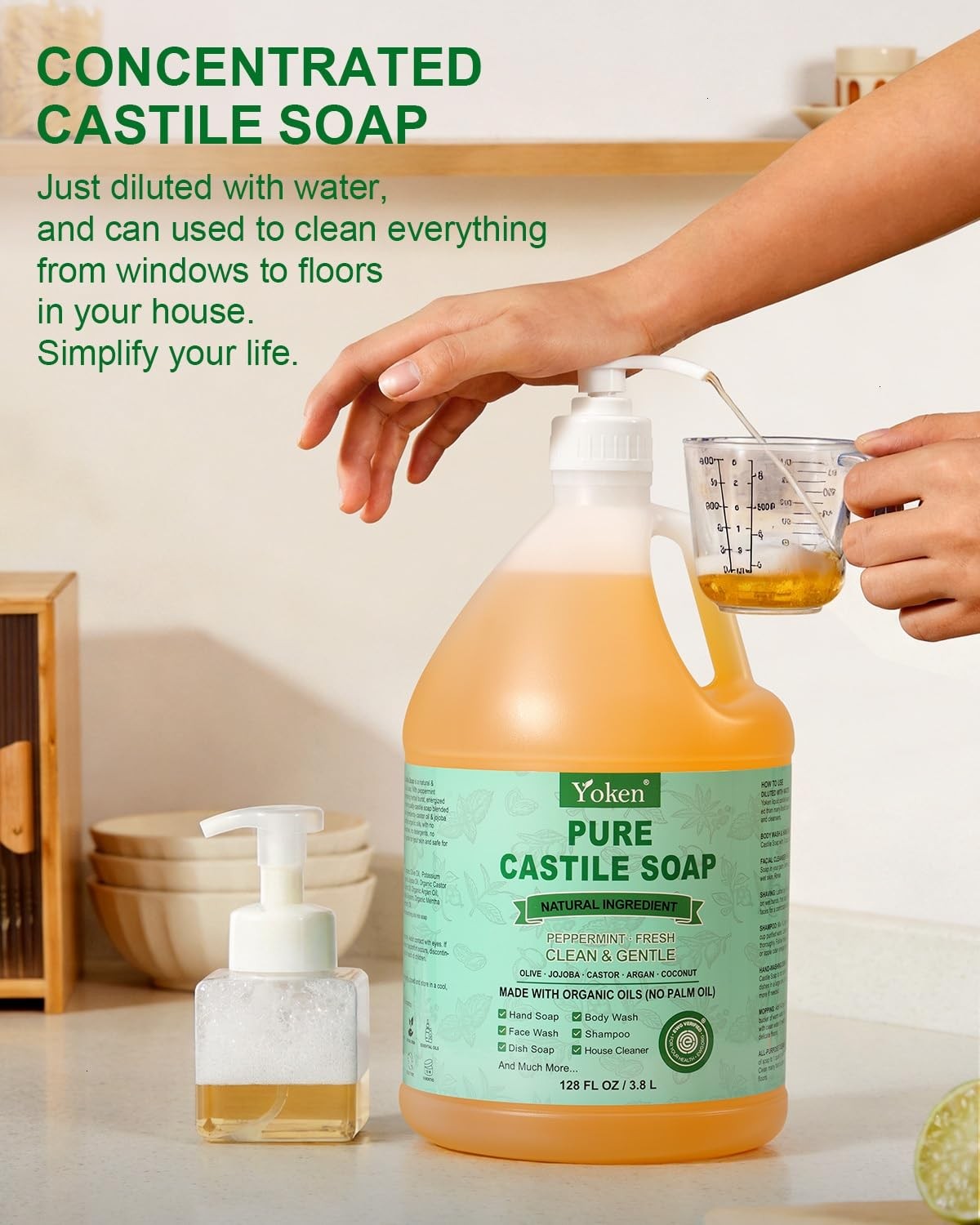 Yoken EWG Verified Peppermint Castile Soap Liquid, 1 128 Fl Oz (Pack of 1)