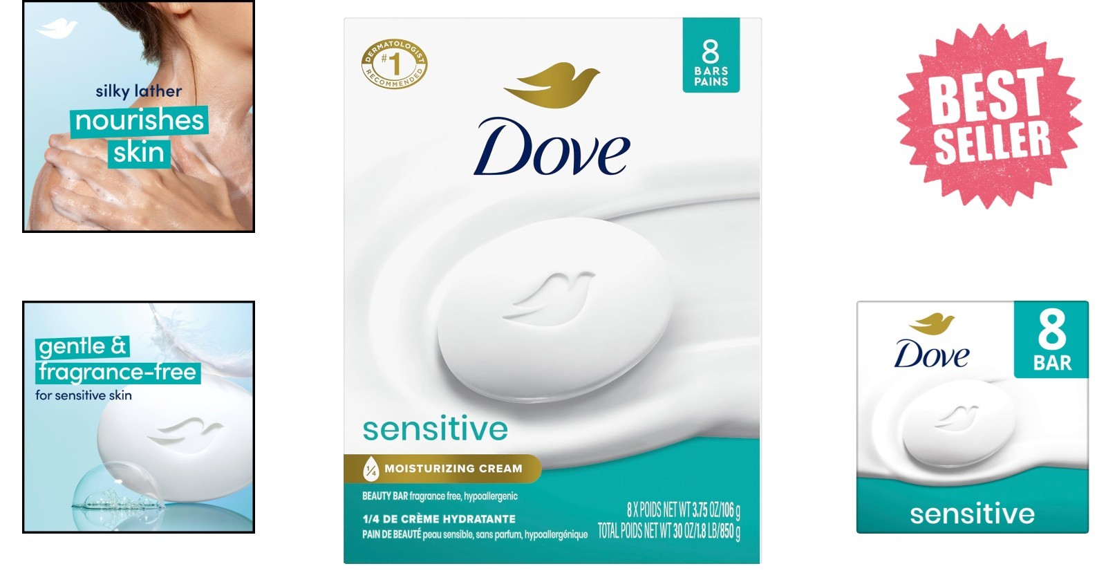 Dove Beauty Bar Sensitive 1/4 Moisturizing Cream Soap 3.75 oz, 8 Bars