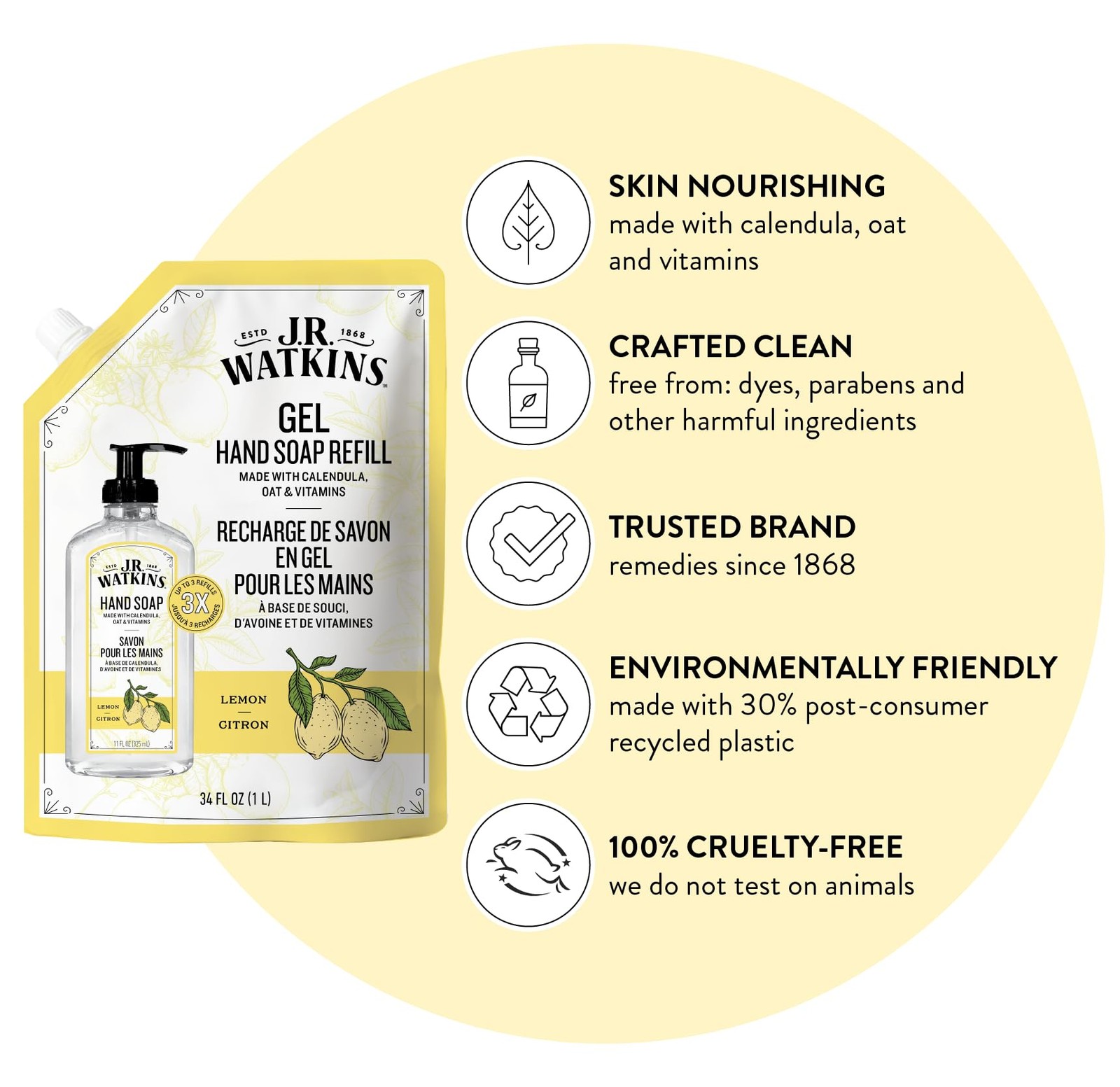 J.R. Watkins Gel Hand Soap Refill, Moisturizing 34 Fl Oz (Pack of 2), Lemon