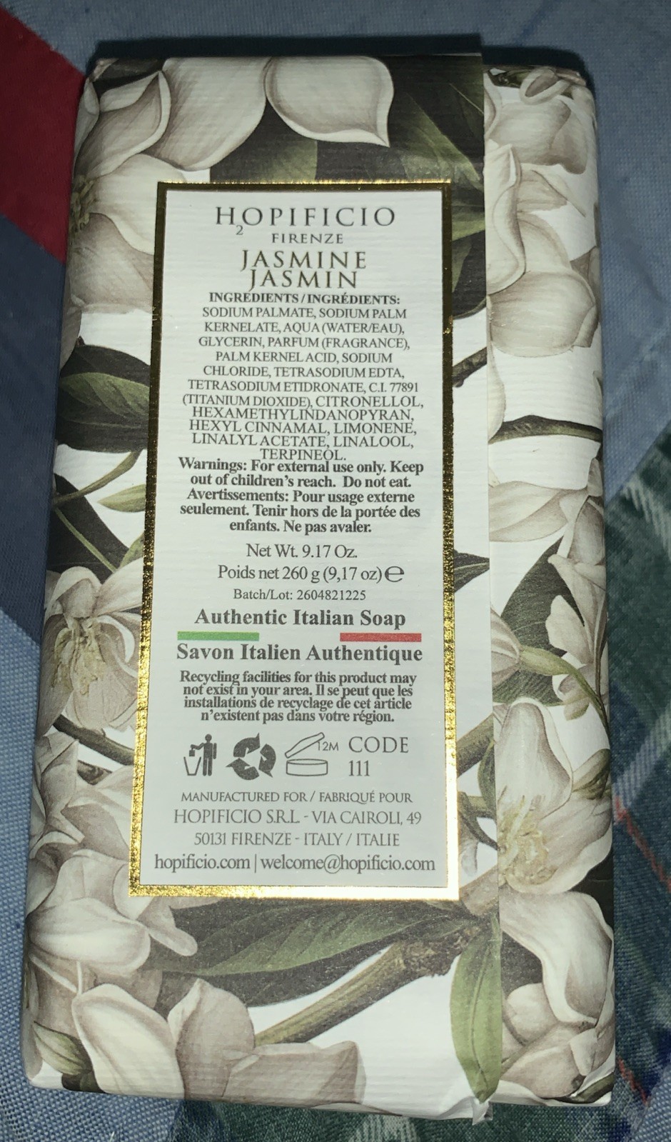 Classic Jasmine Hopificio Finest Triple Milled Soap 9.17 oz Italy New