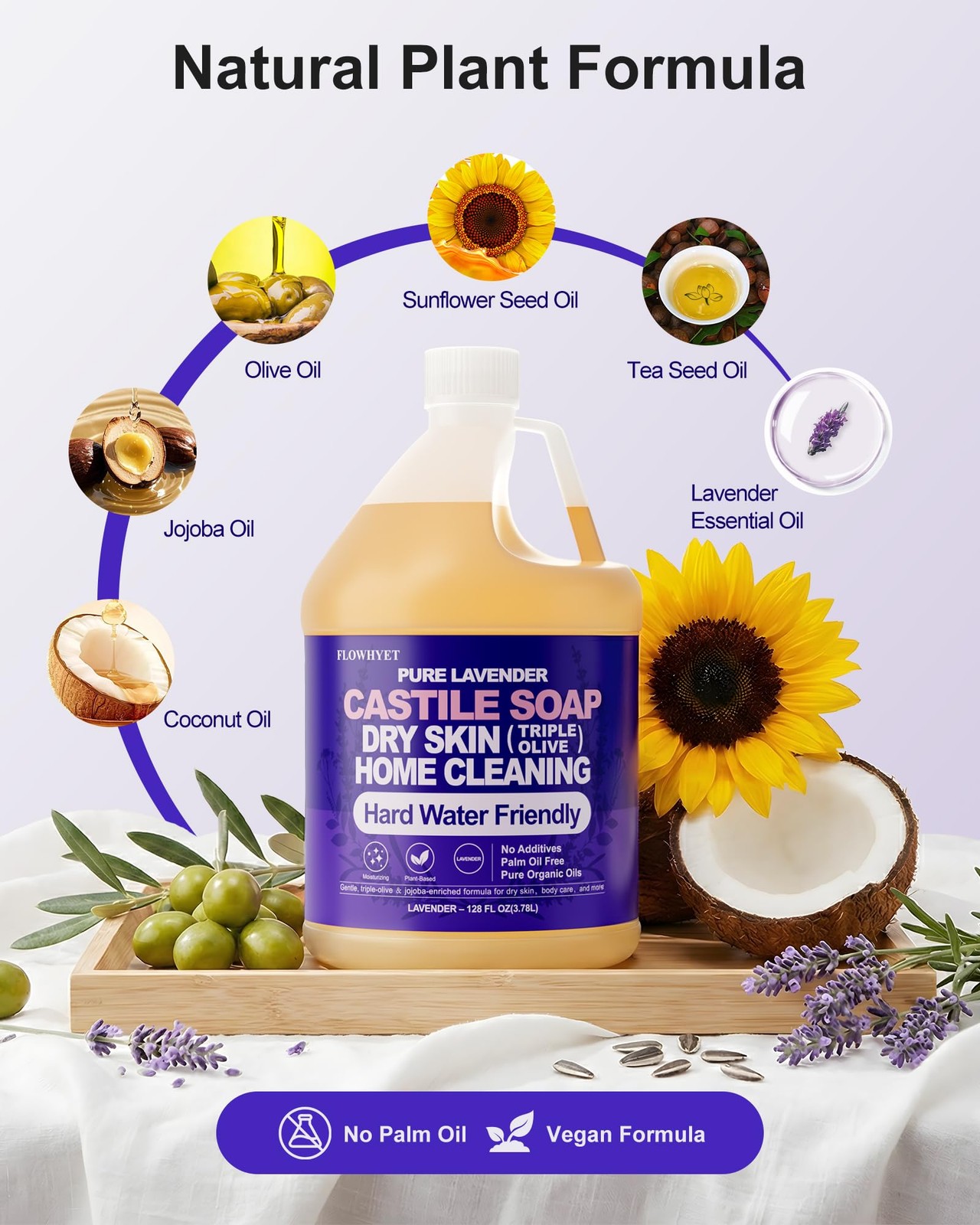EWG Verified Pure Castile Soap Liquid Lavender 1 Gallon Dry Skin