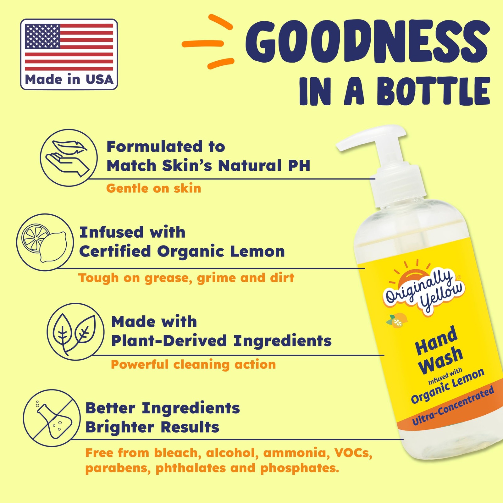 Originally Yellow Hand Soap Infused with Organic Lemon | 16 Fl Oz (Pack of 3)