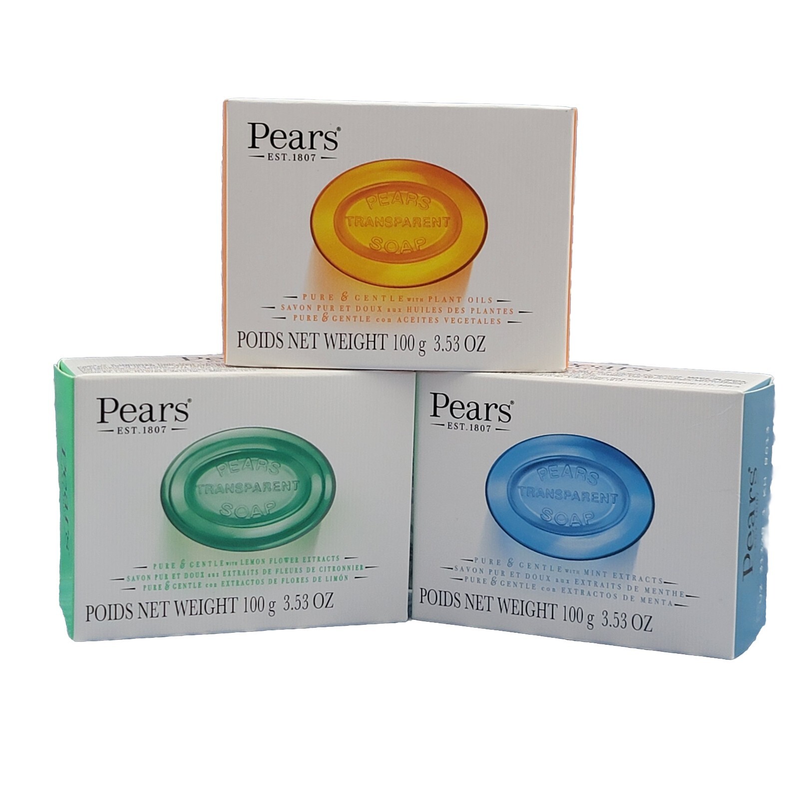 3 PEARS Soaps Plant Oils Lemon Flower Mint Extract Pure & Gentle 100g 3.53 oz