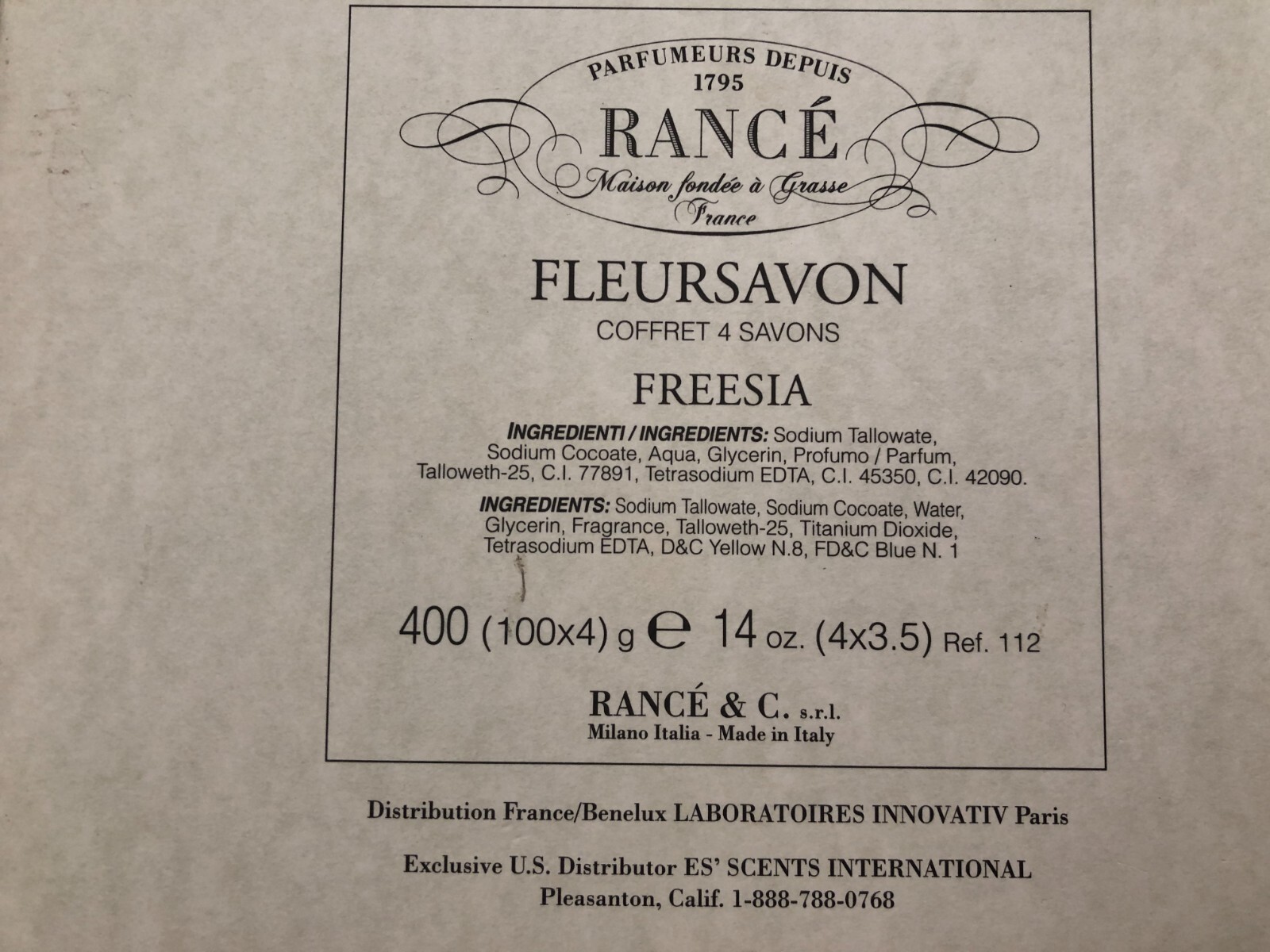 Rance 1795 Freesia Fleursavon Soap New NIB 4 Bars 3.4 oz each
