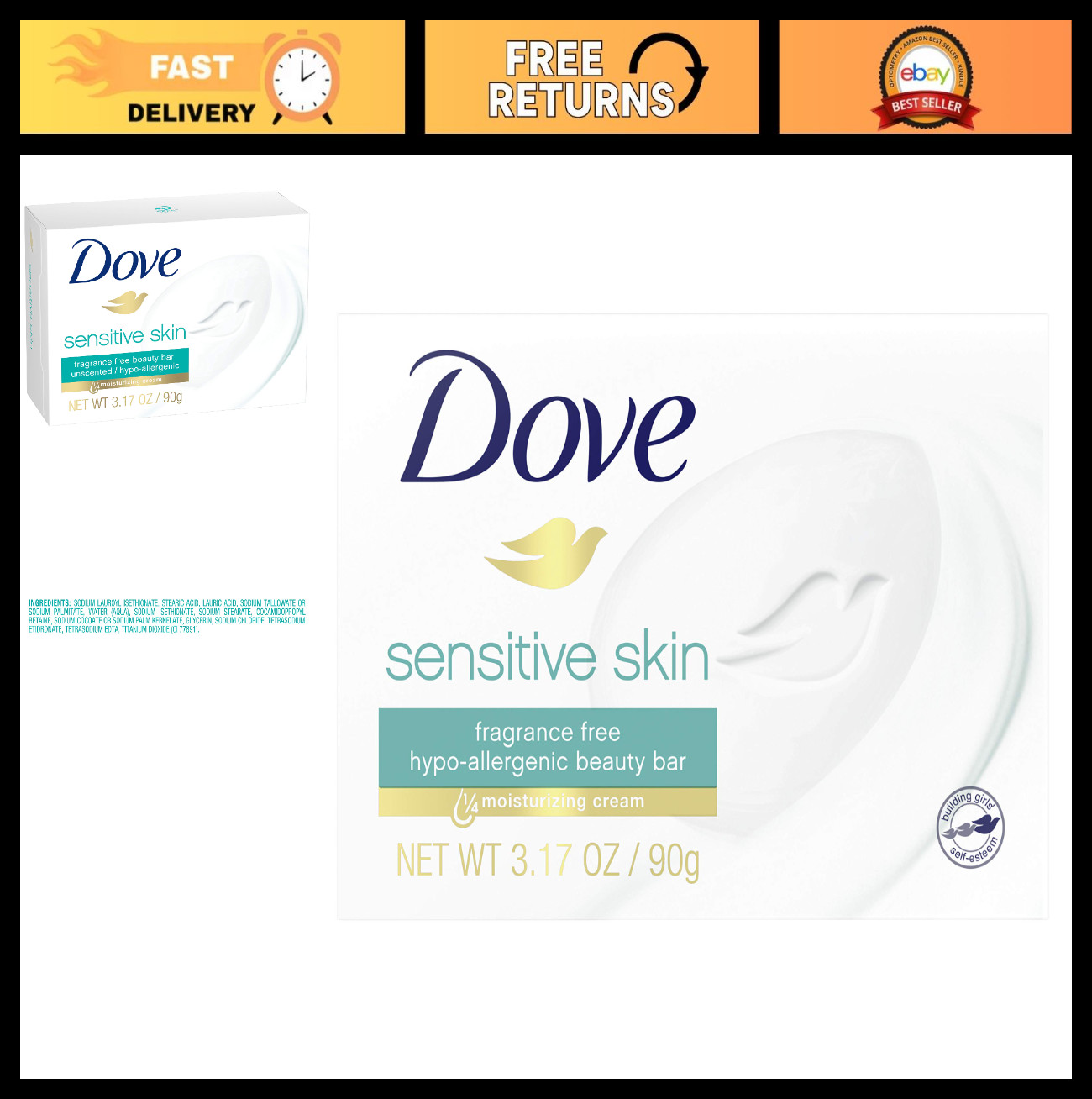 Sensitive Skin Bar Soap – 3.15 oz, 25.2 oz Total, Pack of 8 – Moisturizing & Gen