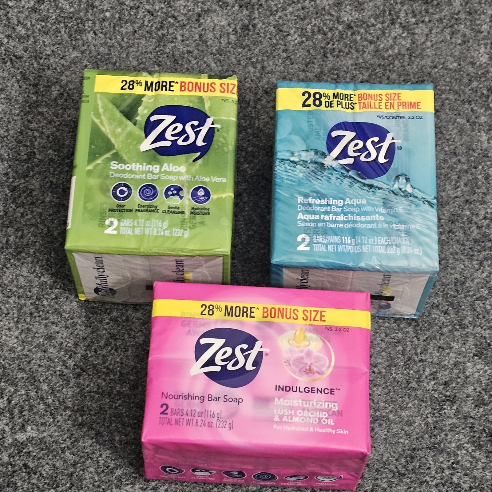 Zest Bar Soap Variety Pack Lot of 3 Soothing Aloe Refreshing Aqua Indulgence…