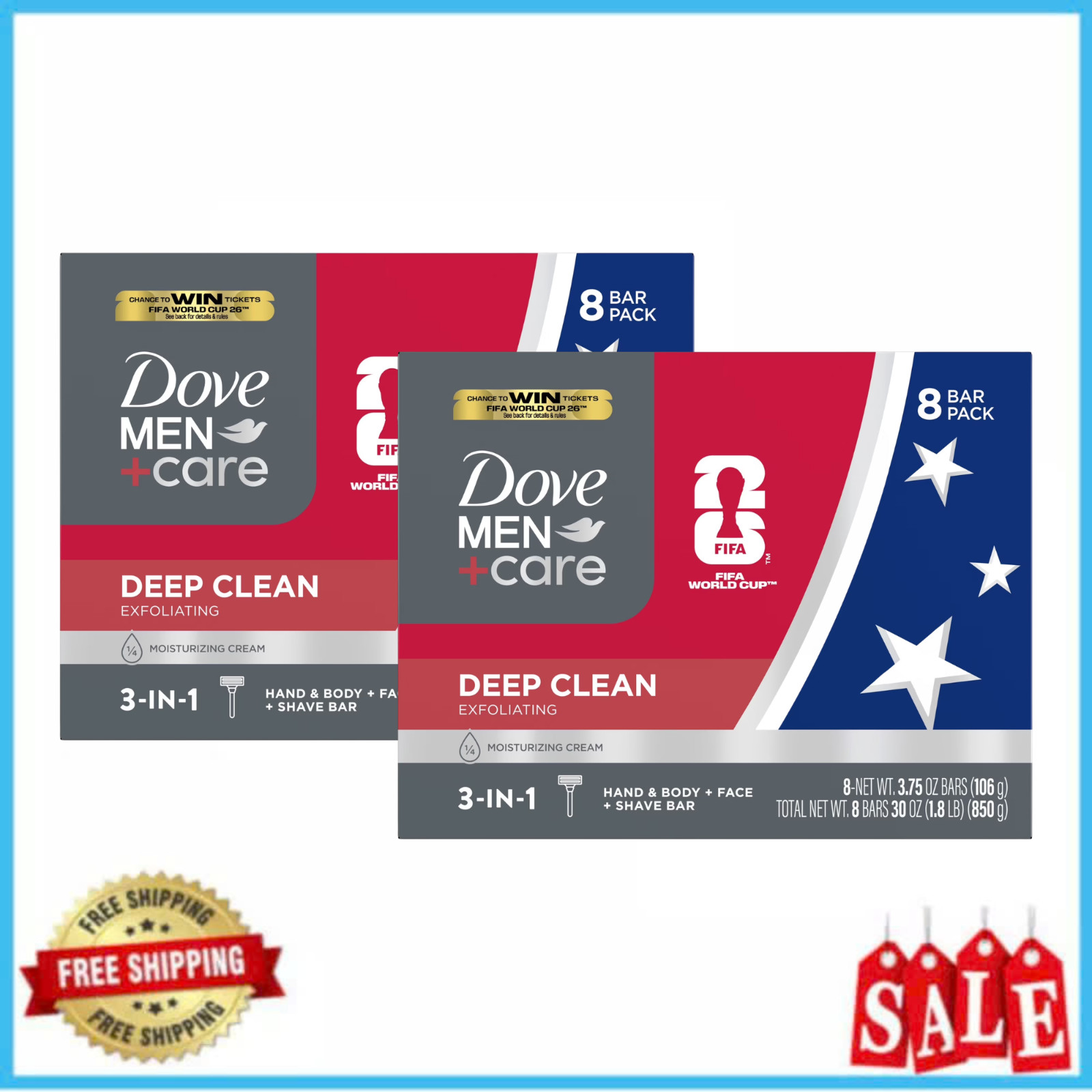 (2 Pack) Dove Men+Care FIFA Deep Clean Bar Soap 8 Bars 3.75 oz Nourishing Skin