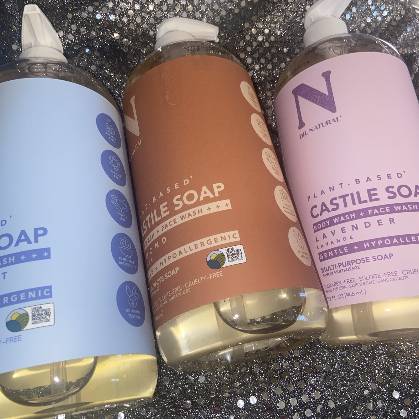 Lot Of 3 Dr.Natural Plant Based Castile Soap 32 Oz Body&face Almond Vanilla& Lav