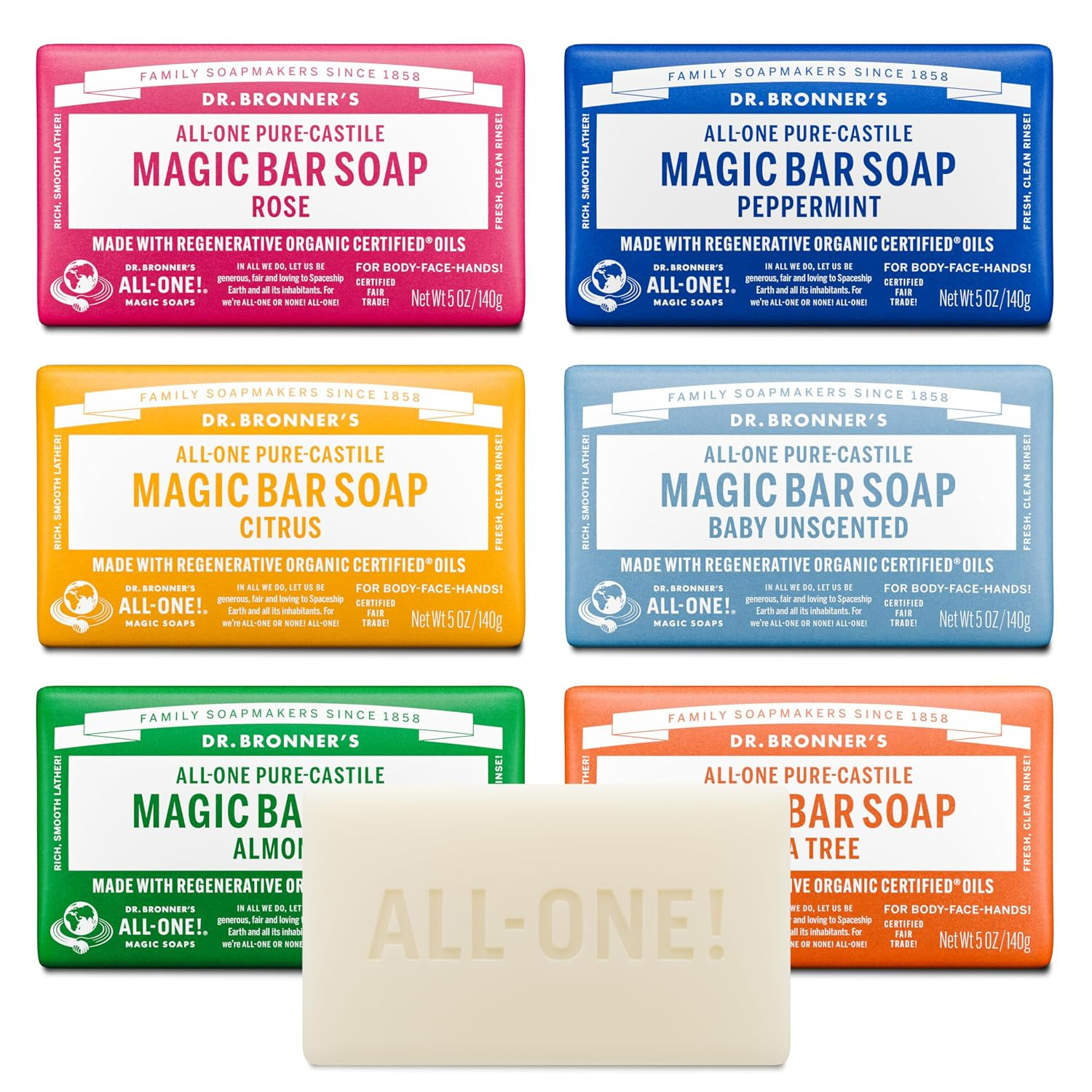 Pure-Castile Magic Bar Soaps (5 Ounce Variety Gift Pack) Almond, Unscented, Lave