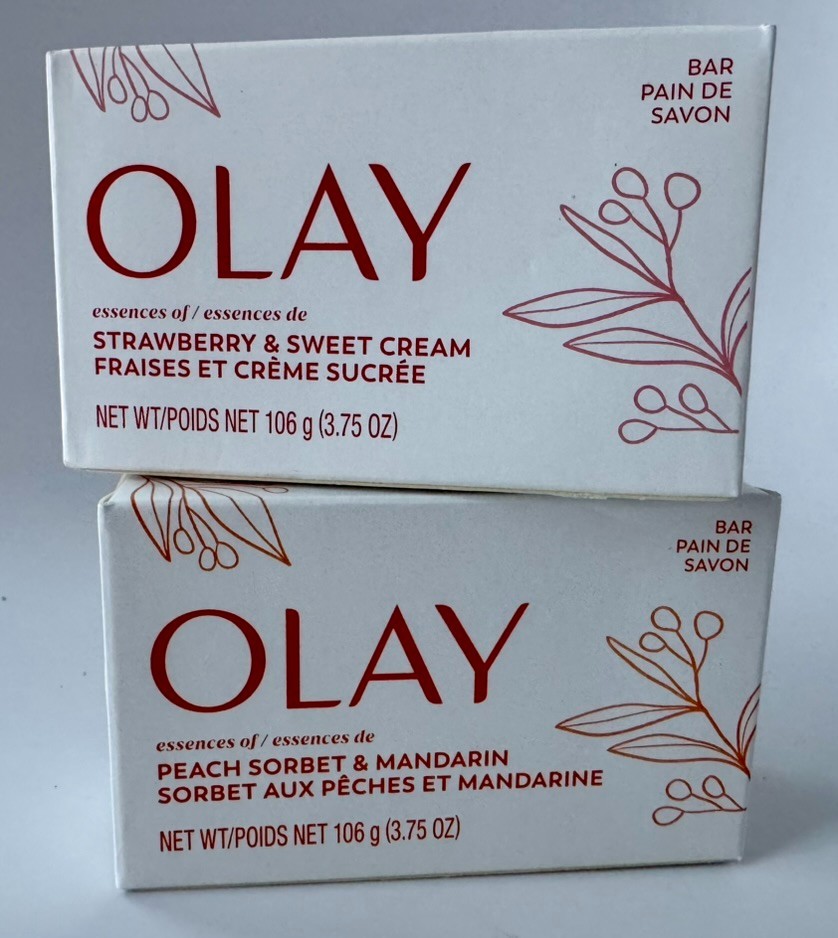2 Olay Bar Soap Essences Of Strawberry & Sweet Cream / Peach Sorbet & Manderin