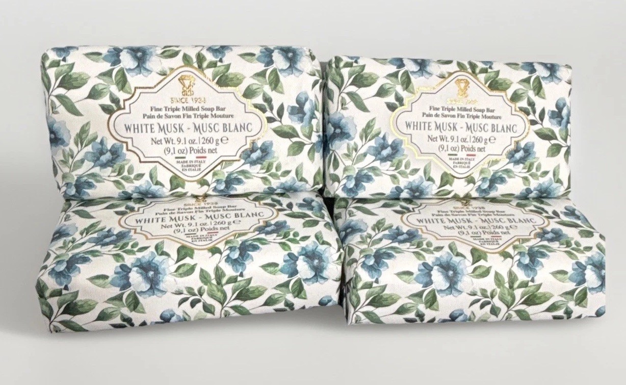 Timeless Elegance: 4-Pack White Musk Soap Bars, Floral Wrap, 9.1 oz Each