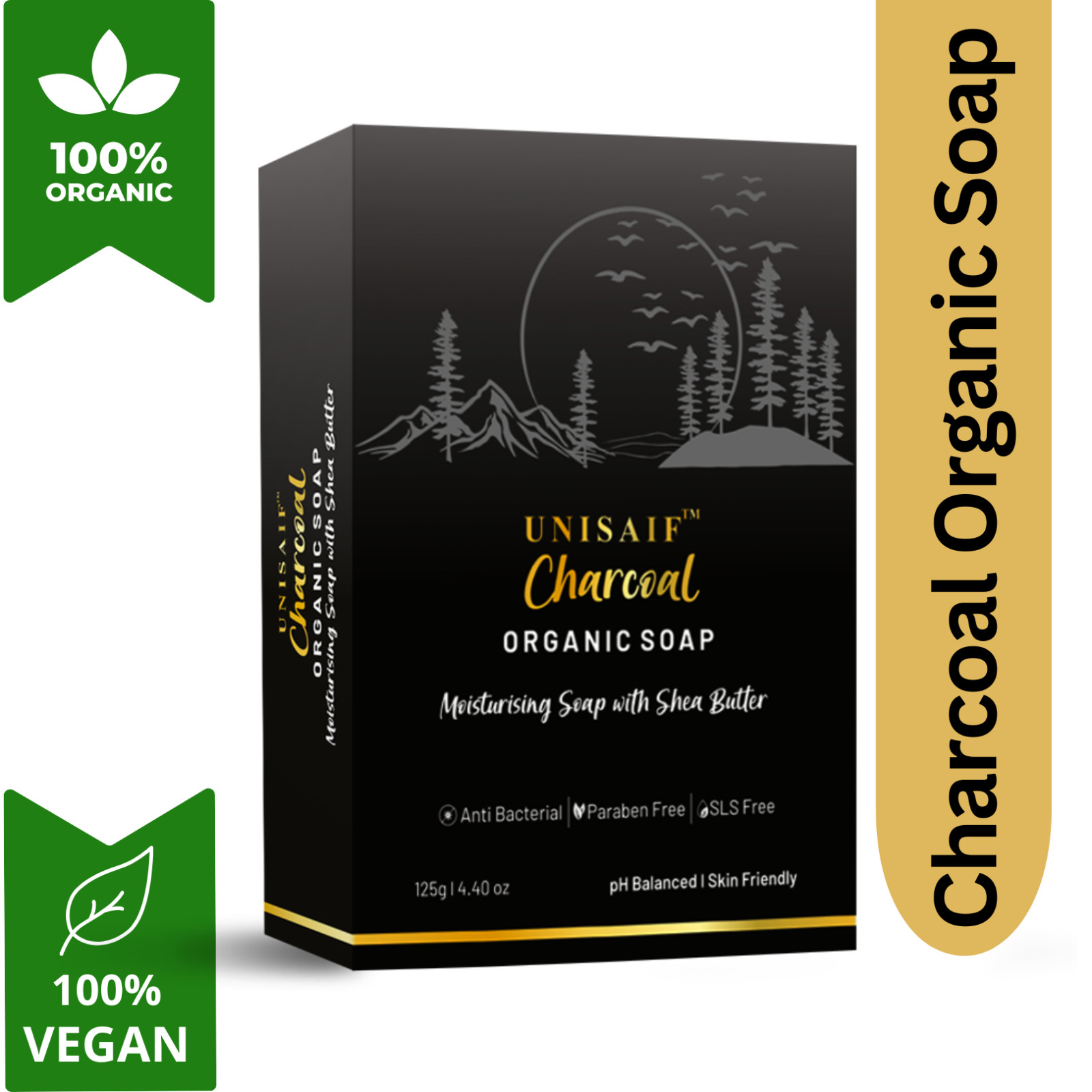 Unisaif Classic Charcoal Organic Body Soap Bar, Moisturizing With Shea Butter