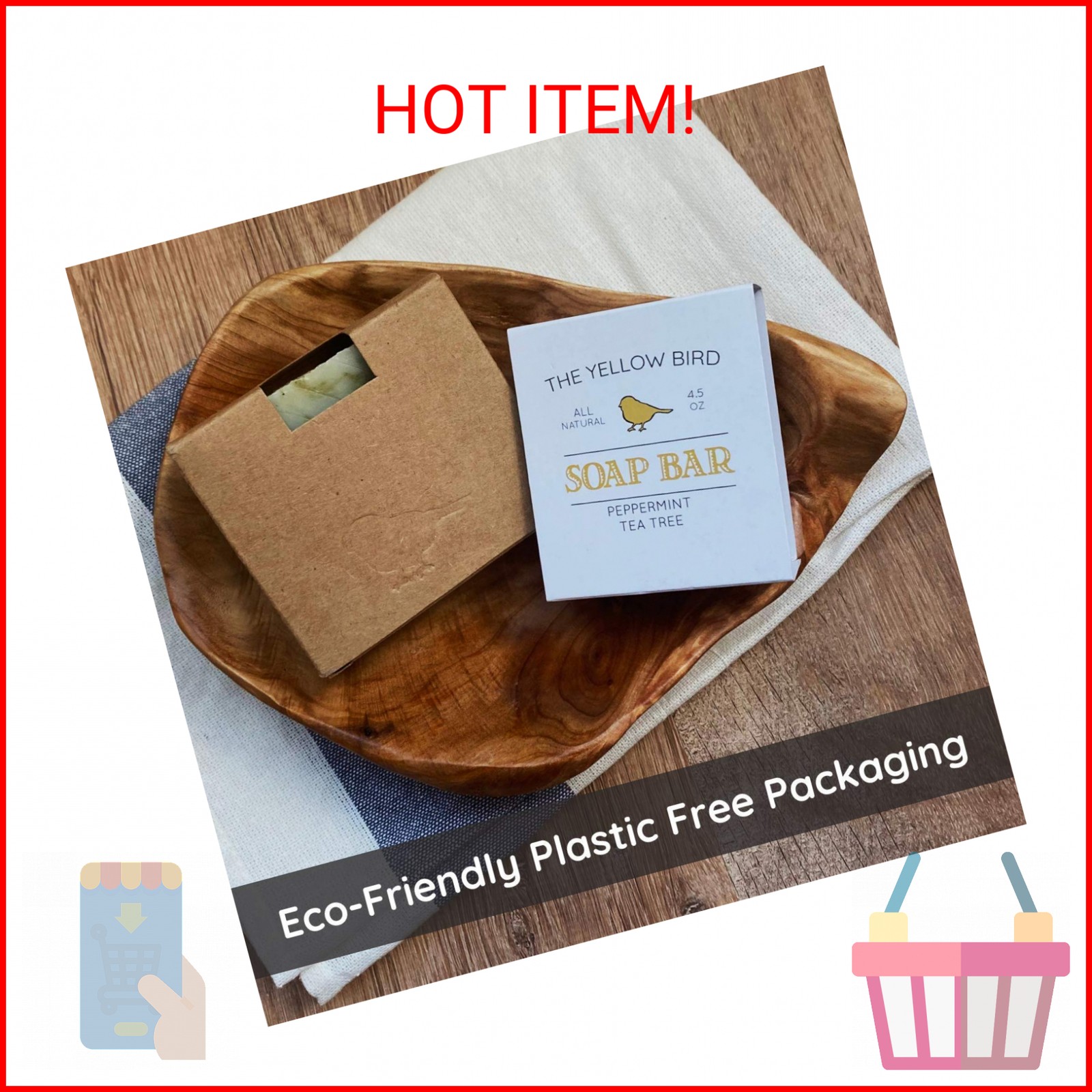 The Yellow Bird Peppermint Tea Tree Soap Bar. Made In USA with All Natural & Org