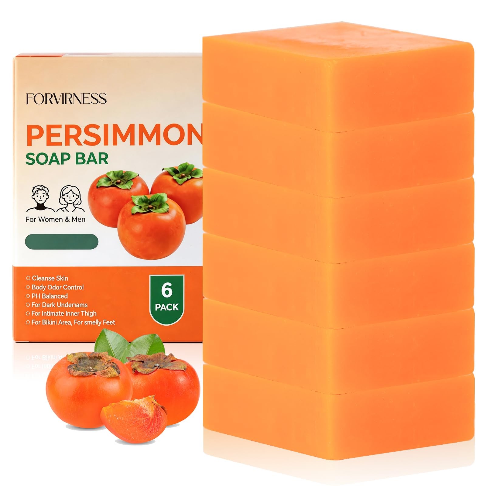 6 PCS Persimmon Soap Bar for Body Odor Control, Natural Deodorant Body Bar So…