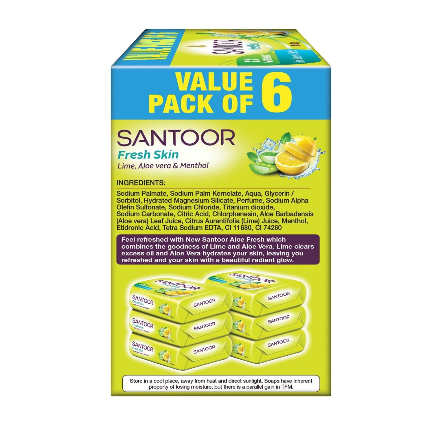 Santoor Aloe Vera & Lime Soap 125g X 6 | Fresh Skin Anti-Aging Soft Smooth