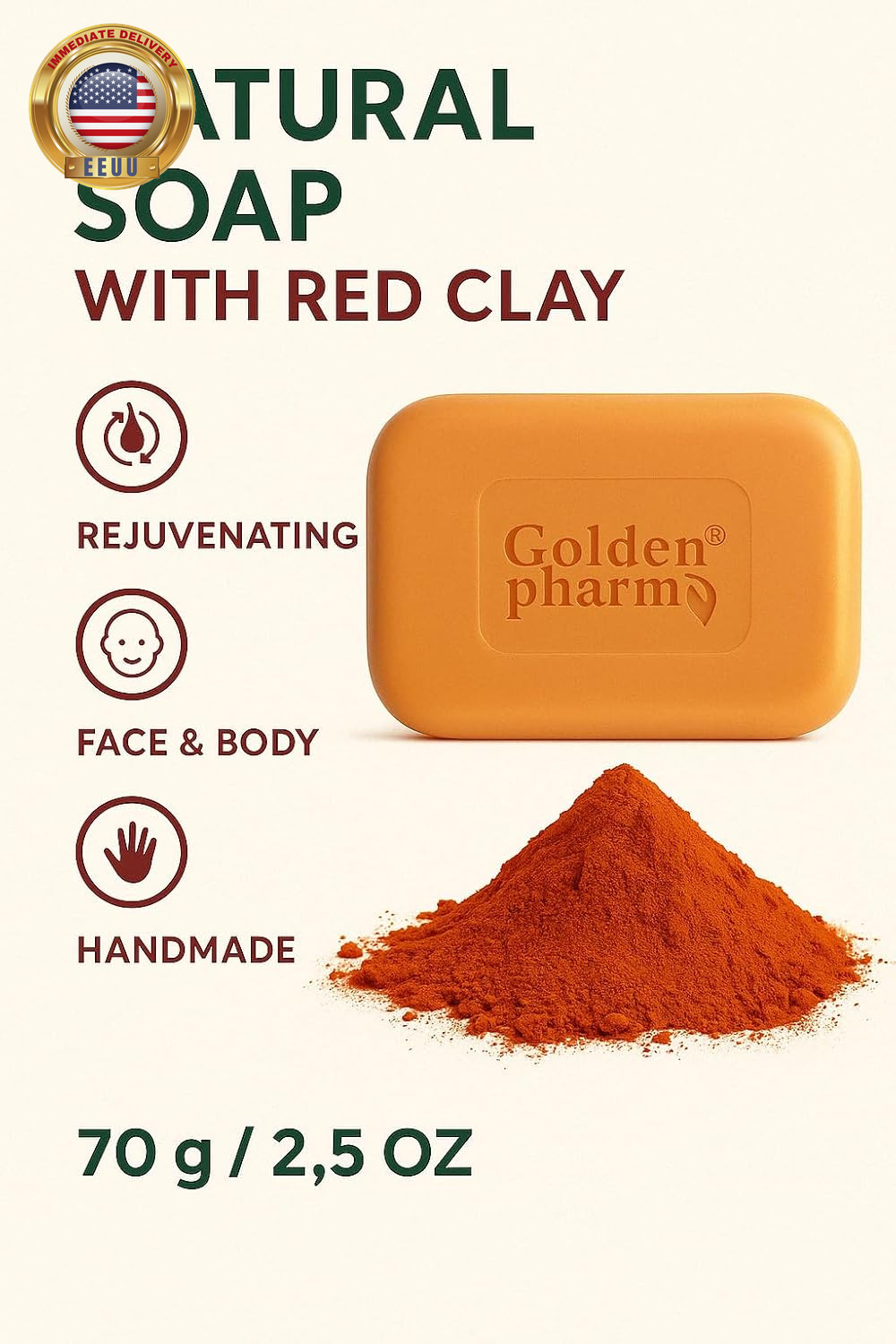 Red Clay Soap Bar for Face & Body – 70G (2.47Oz) – 100% Natural, Cold Process So