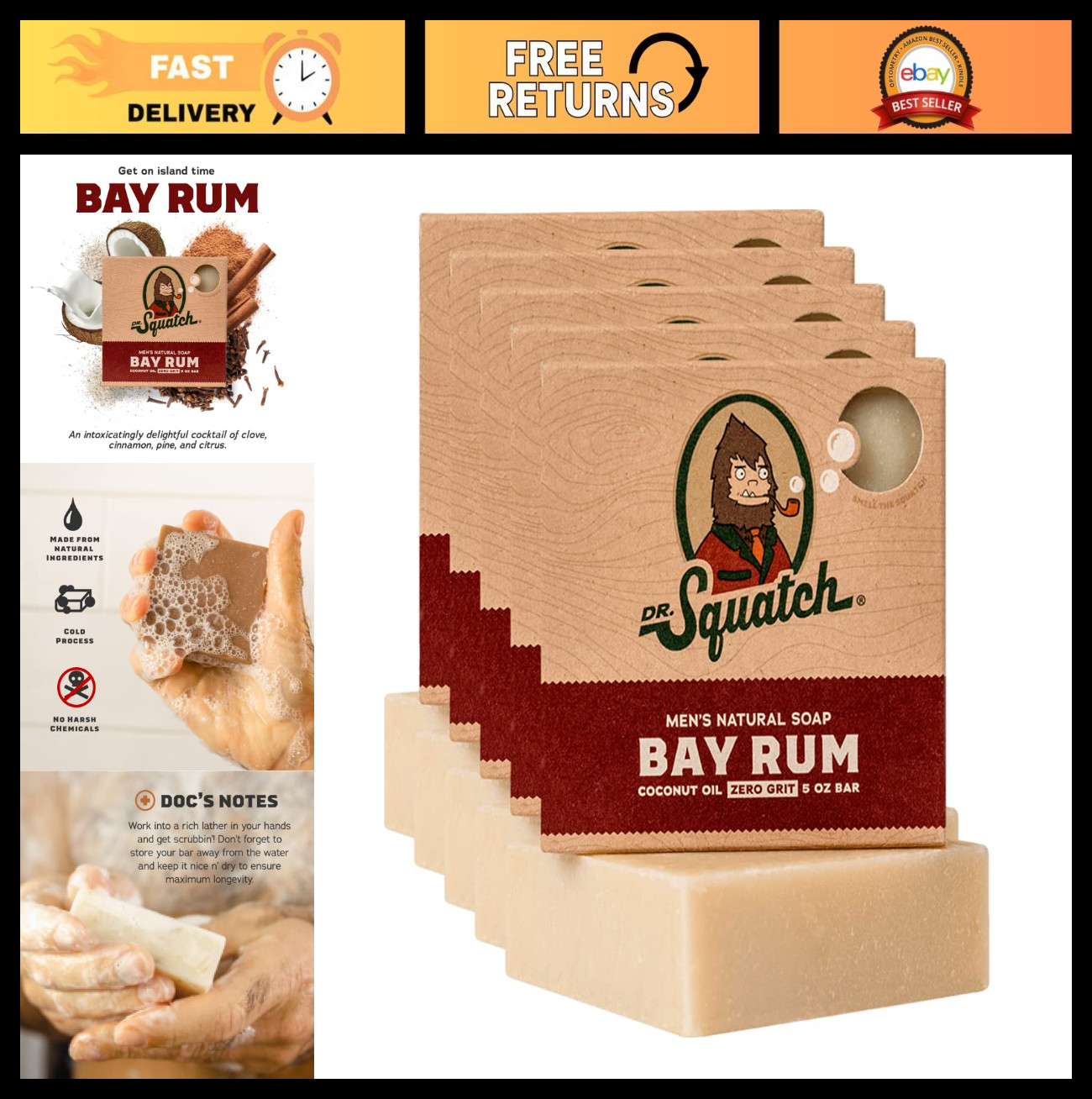 Natural Men’s Bar Soap – Cold Process Body Soap with Essential Oils – Bay Rum (5