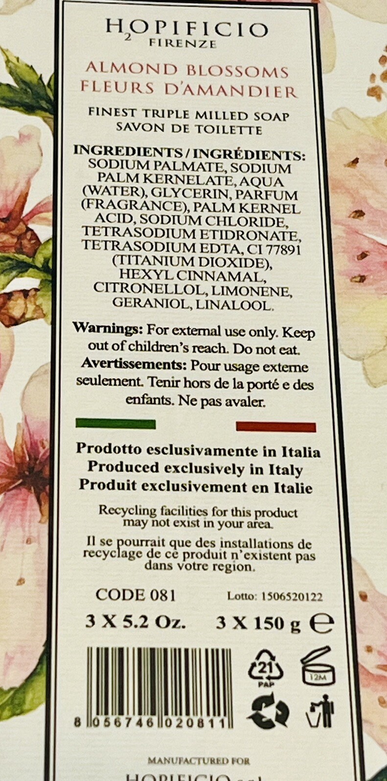 Hopificio Finest Triple Milled Soap Almond Blossoms Made In Italy 3 Bars 5 oz ea
