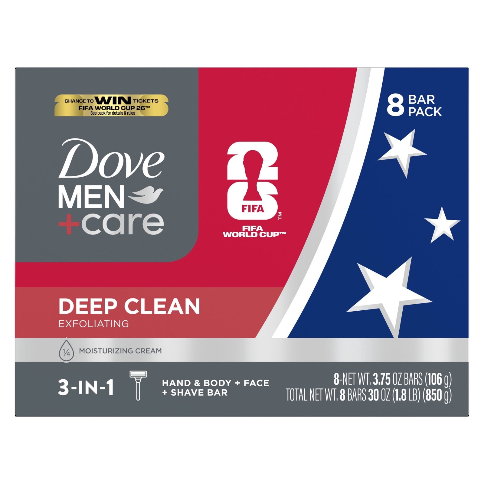 (2 Pack) Dove Men+Care FIFA Deep Clean Bar Soap 8 Bars 3.75 oz Nourishing Skin