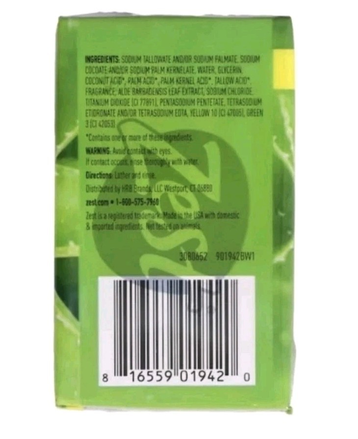 💚 ZEST 💚 (4-BARS) 4.12 Oz. BONUS Size 🟢🫧 ●ALOE● W/Soothing Aloe Vera Soap🫧.