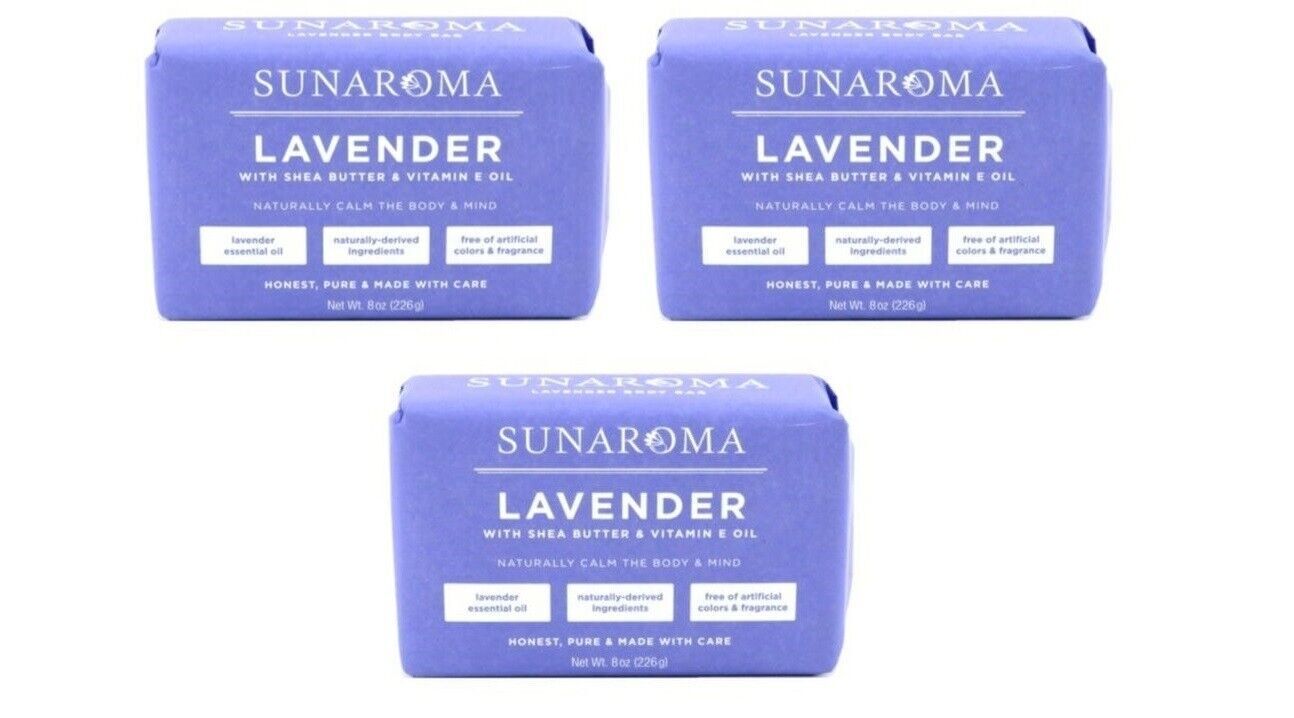 BL Sunaroma Soap Bar Lavender With Shea + Vitamin E Oil 8oz X 3 Counts