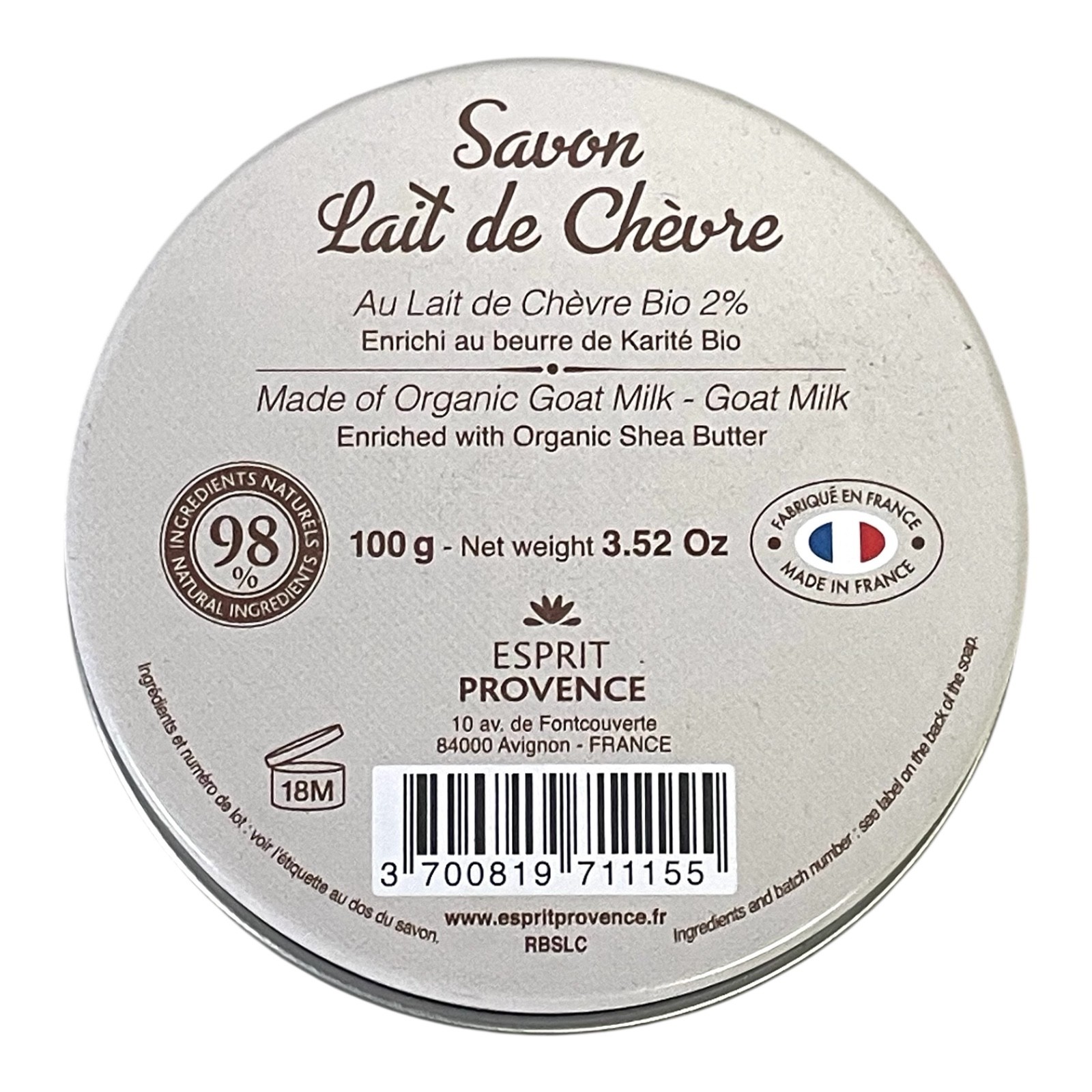 Extra gentle Soap with 2% Organic Goat milk in tin box Made in France