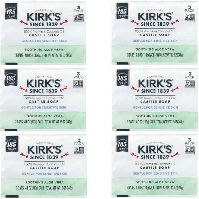 Kirk’s Natural Gentle Castile Bar Soap Soothing Aloe Vera 3 Bars Each (Pack of 6