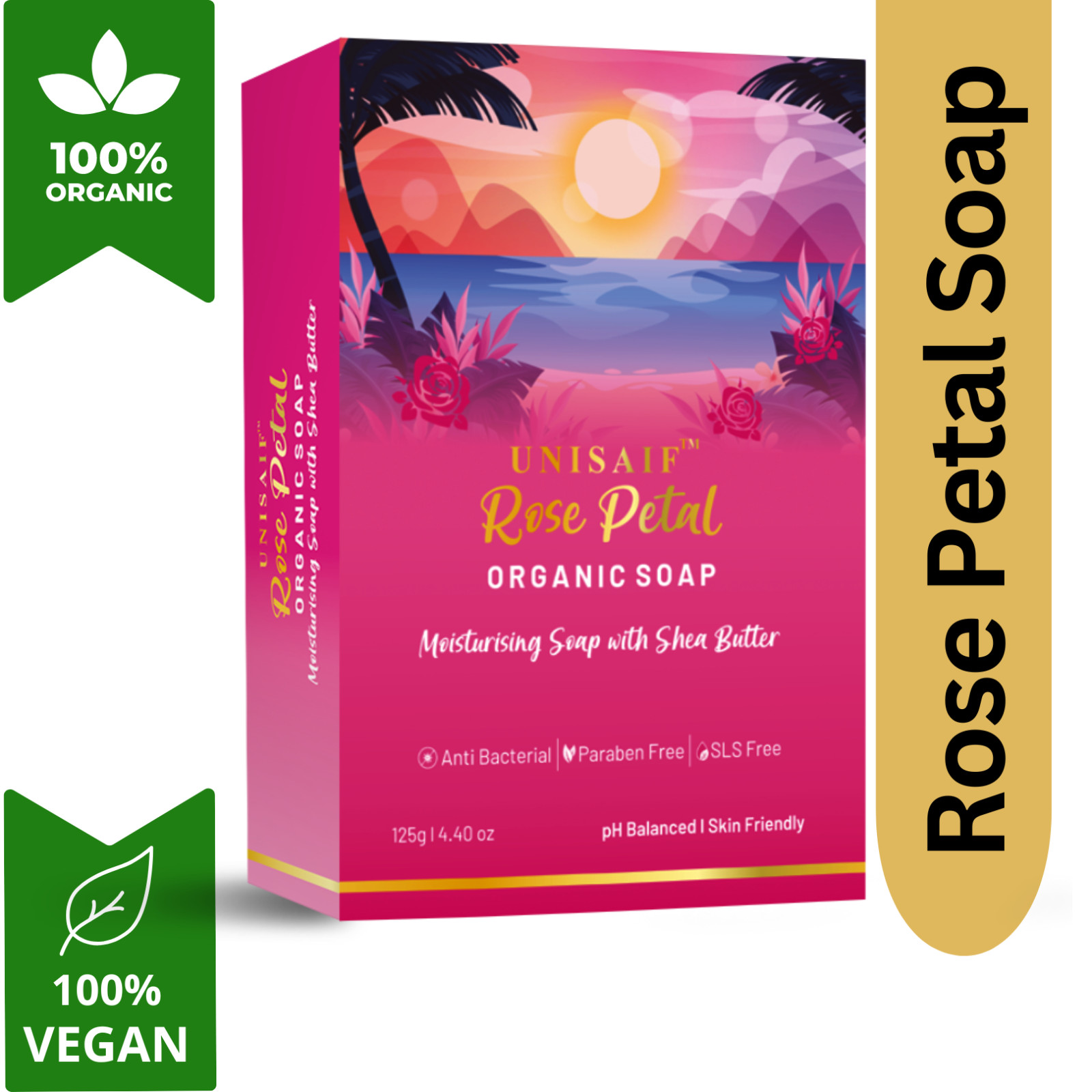 Unisaif Rose Petal Organic Body Soap Bar, Moisturizing Soap With Shea Butter