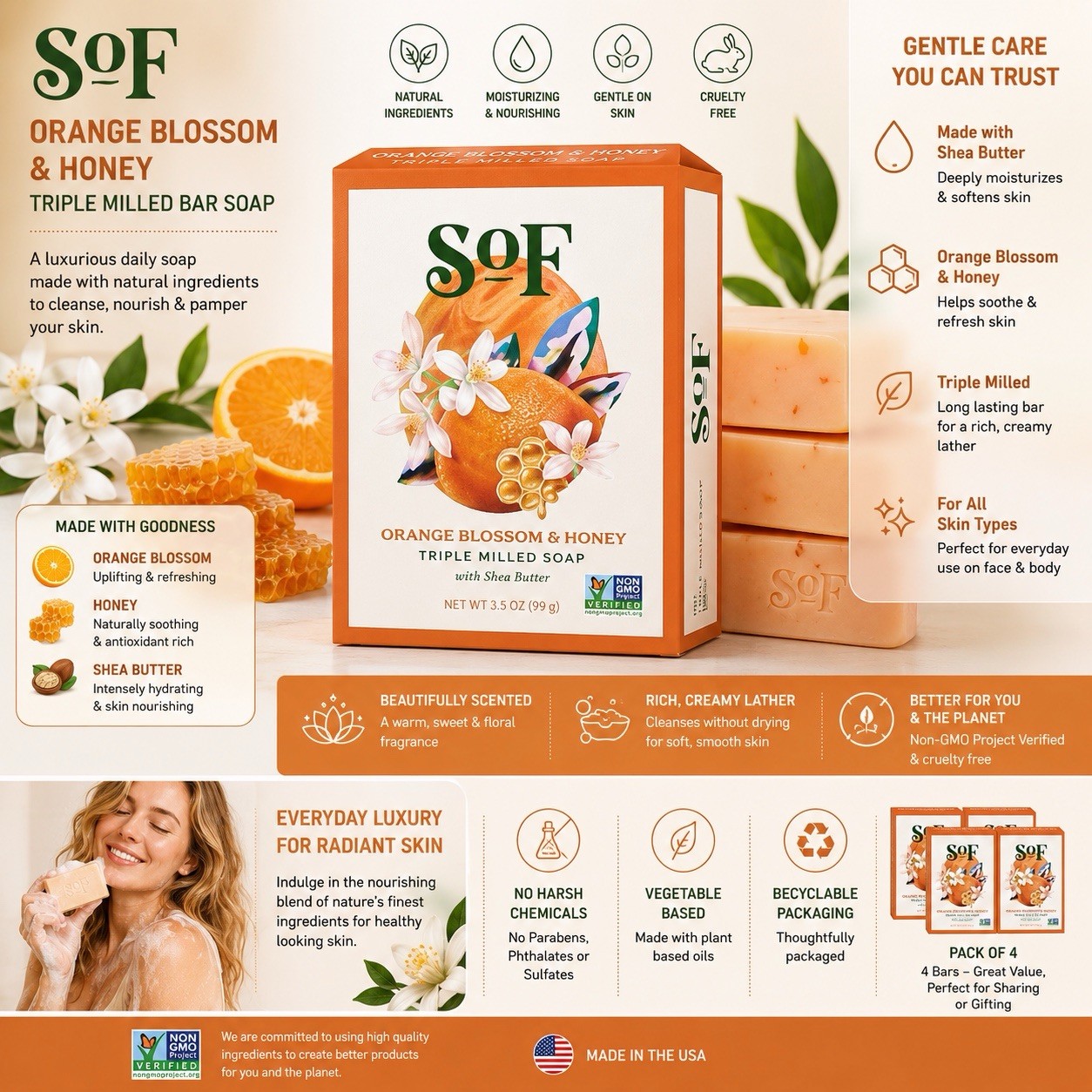 SoF Orange Blossom & Honey Triple Milled Bar Soap with Shea Butter Pack of 4