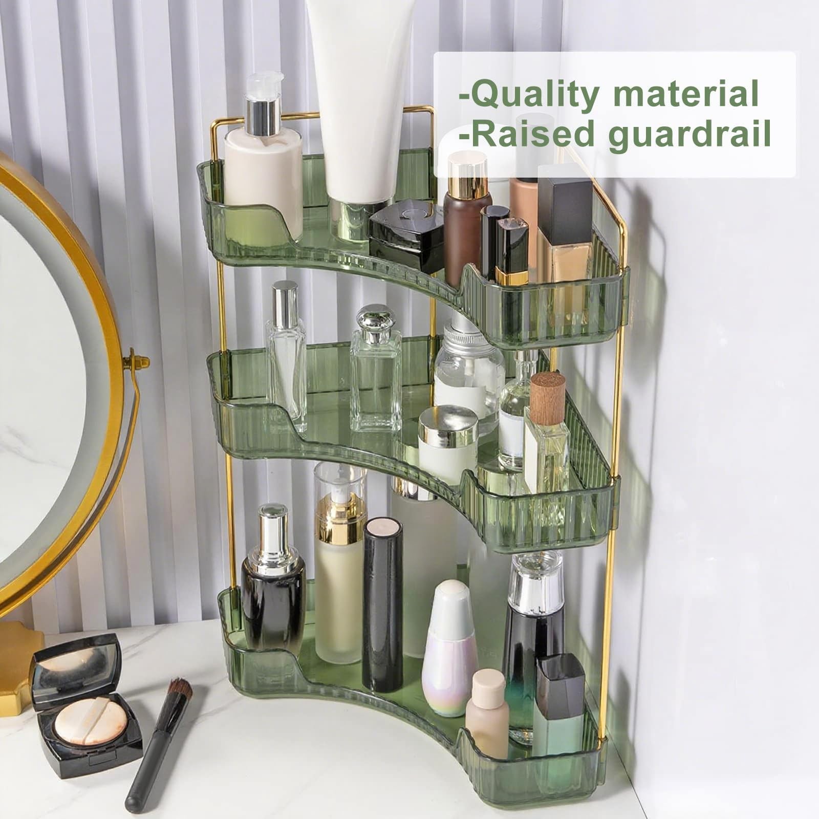 INVSSENE Corner Bathroom Organizer Vanity Tray – Green/Gold, Easy Assembly