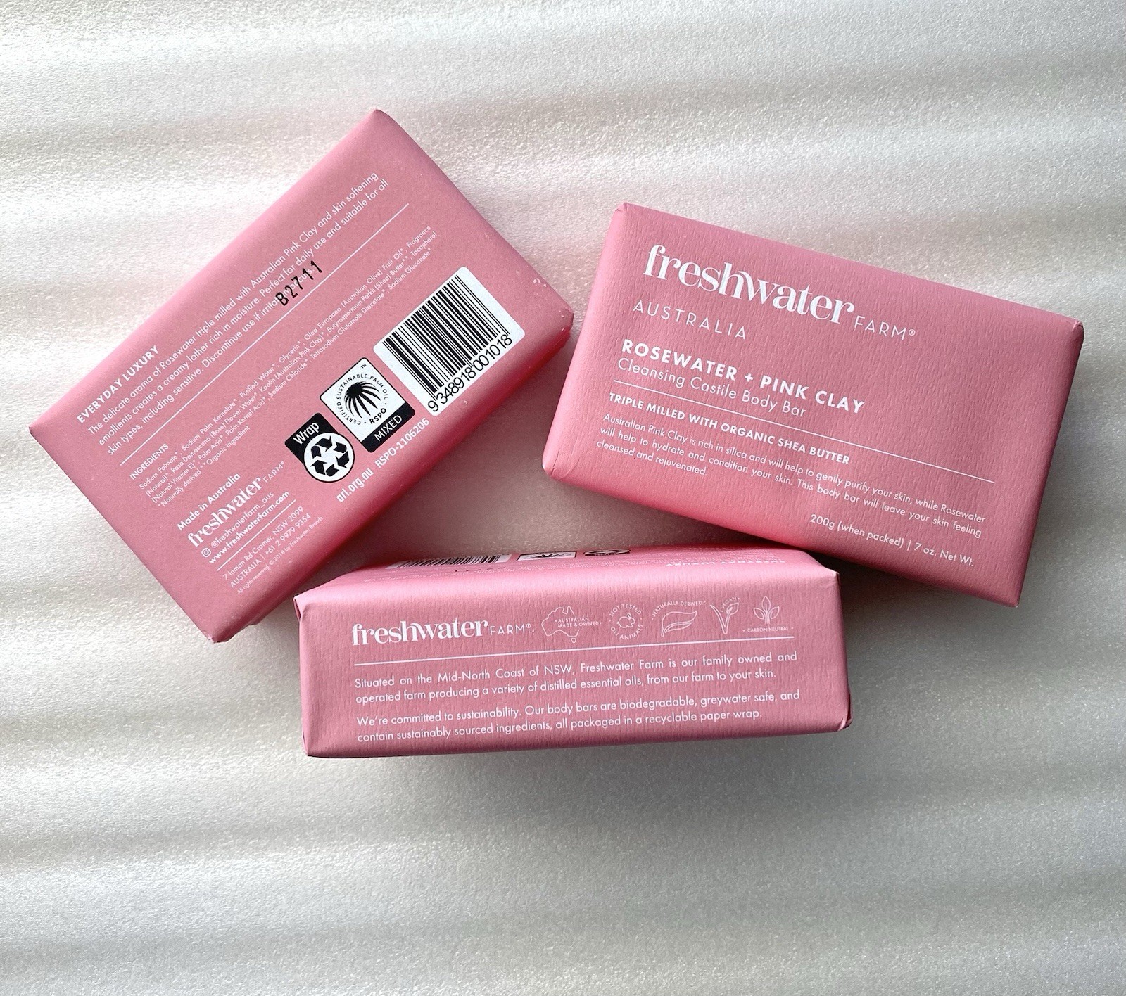 3-Pack | Freshwater Farm Australia Body Soap Bars | Rosewater + Pink Clay | 7 oz
