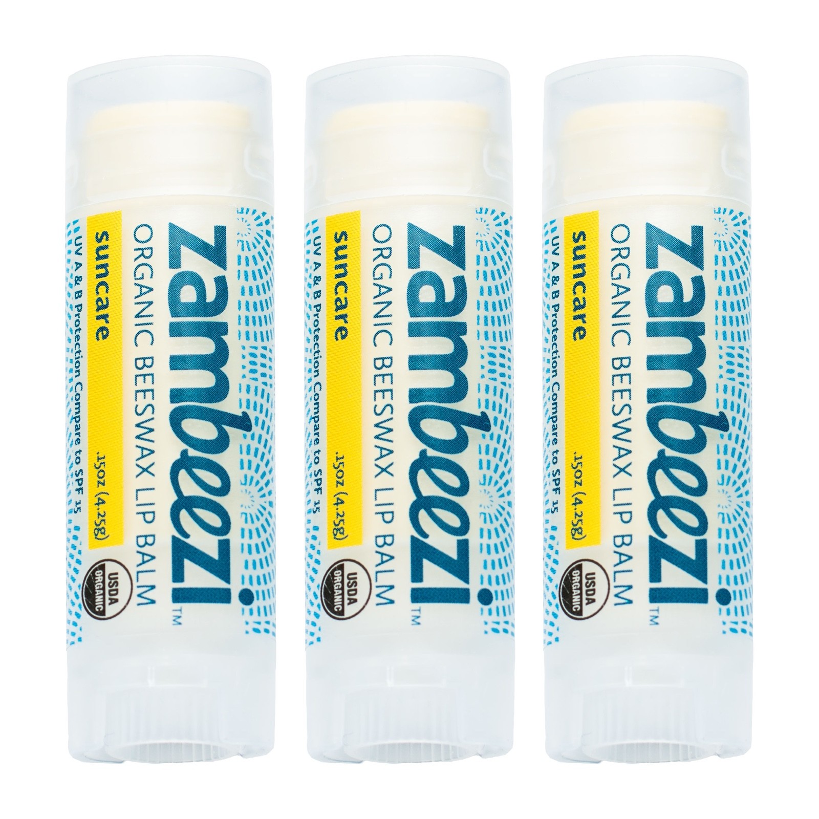 3 pack Zambeezi Organic Fairtrade Beeswax Lip Balm, Zambia Africa SunCare SPF15