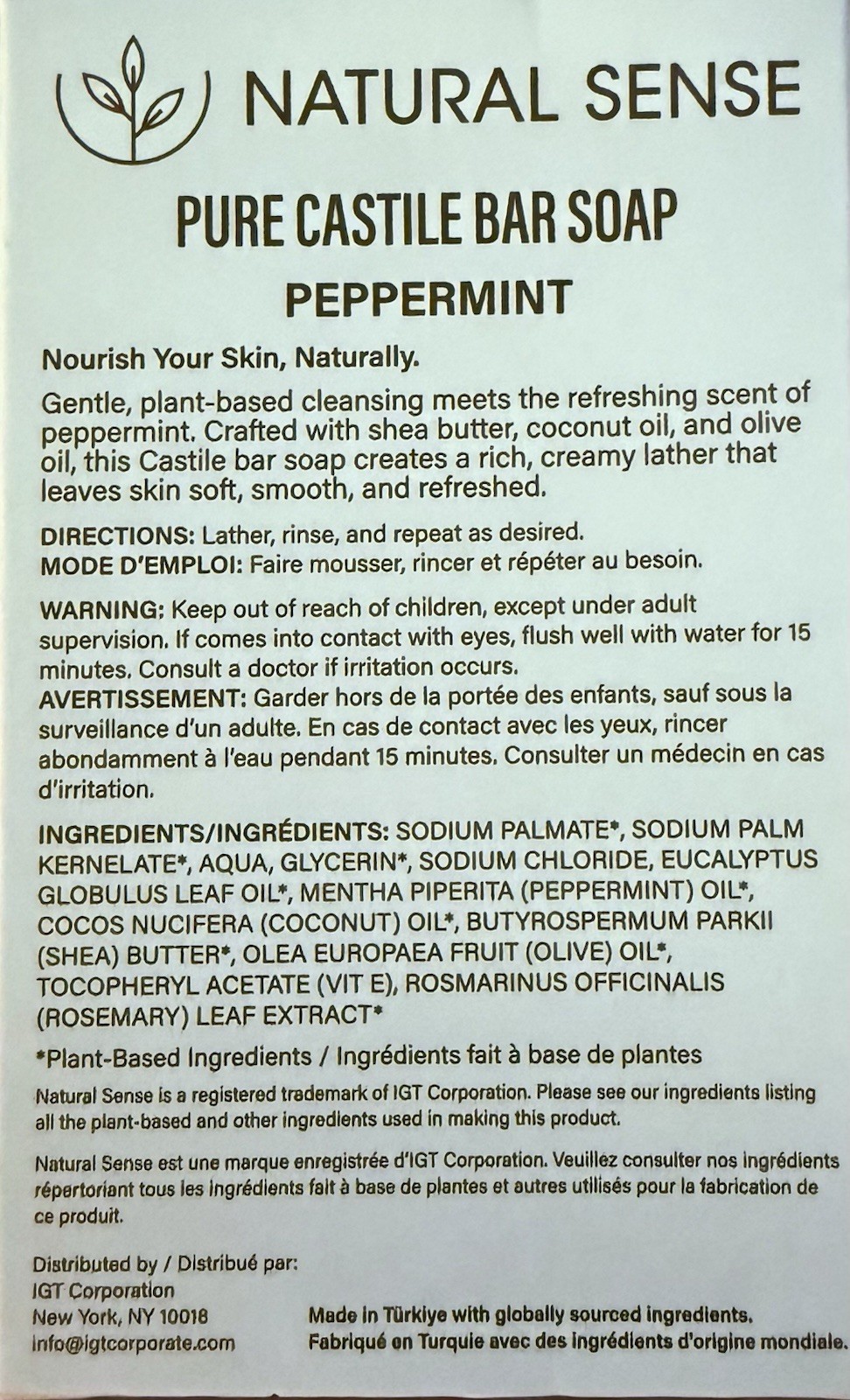 Natural Sense Pure Castile Peppermint Bar Soap 5 Oz Plant Based