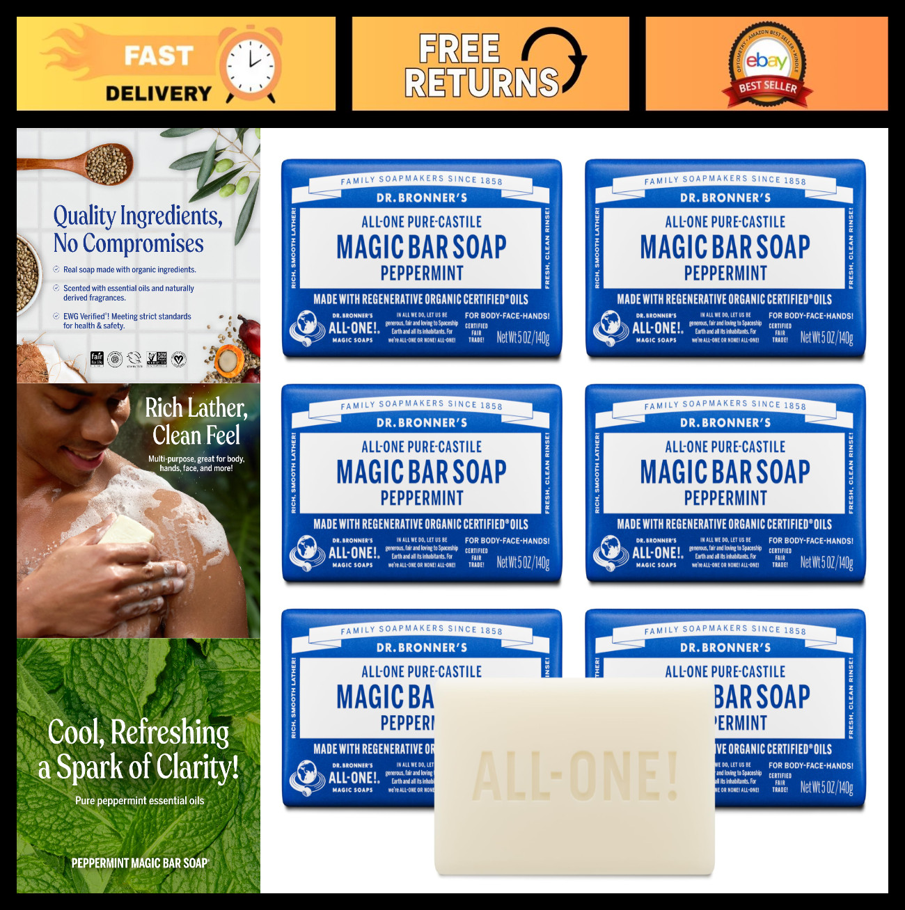 Pure-Castile Magic Soap Bars – Peppermint, 5 oz, 6-Pack – Vegan, Gentle Cleanser