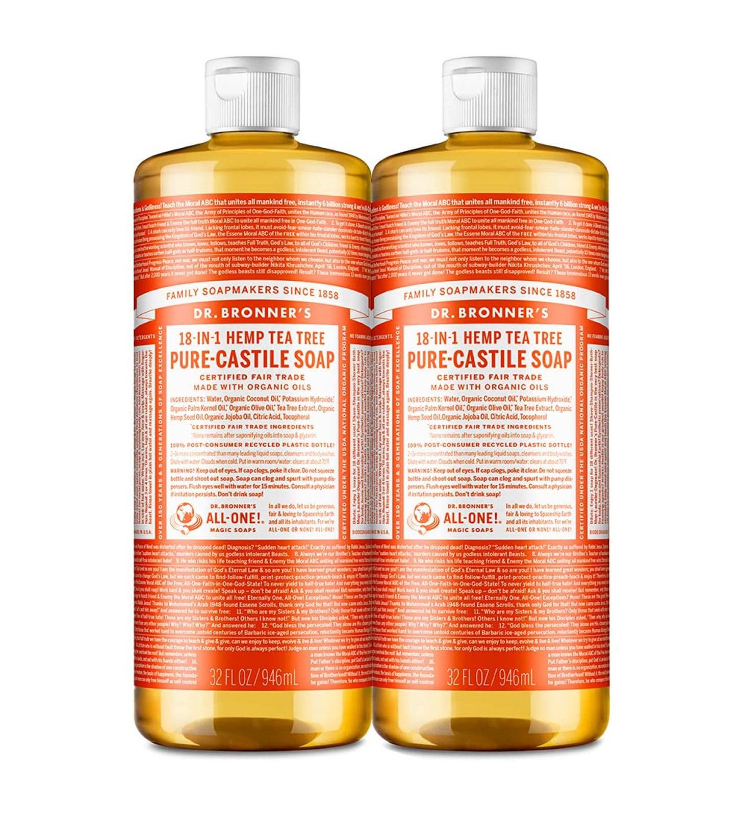 2x Dr.Bronner’s 18-in-1 Hemp Tea Tree Pure-Castile Soap 32oz