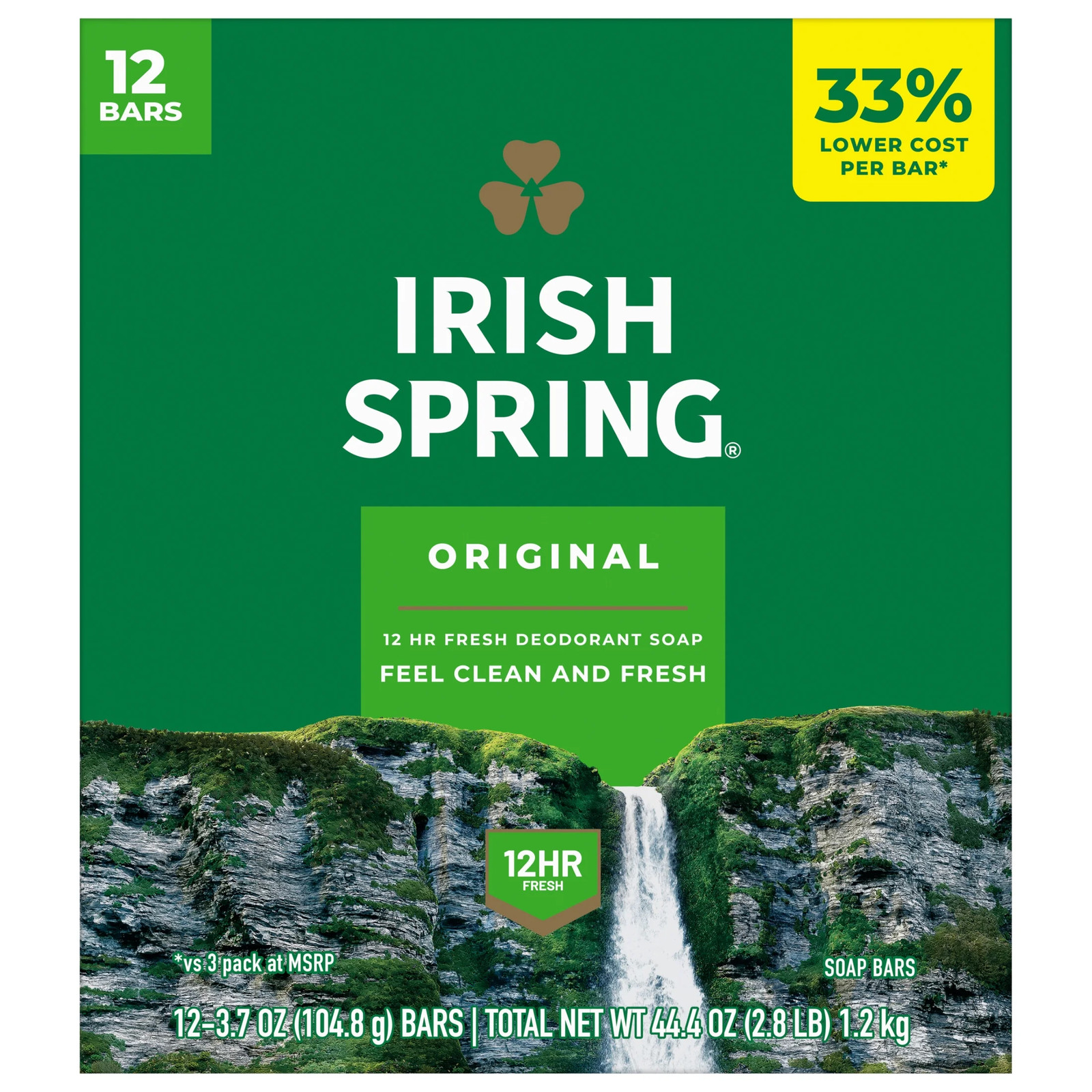Irish Spring Original Men’s Bar Soap Deodorant 12 Pack 3.7 oz Each Bulk Value