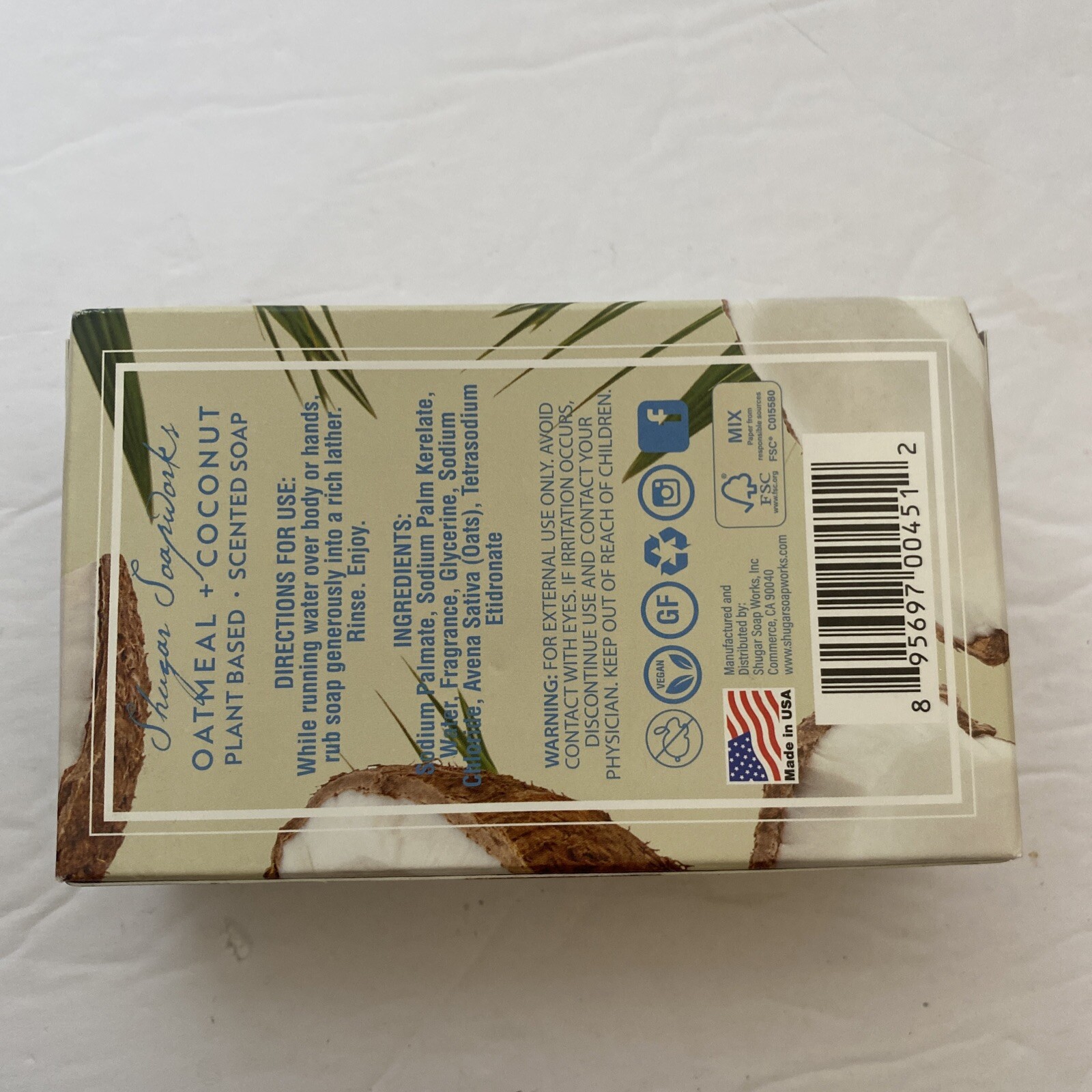 Shugar Soapworks Oatmeal + Coconut Vegan/Plant Based Soap Made In USA