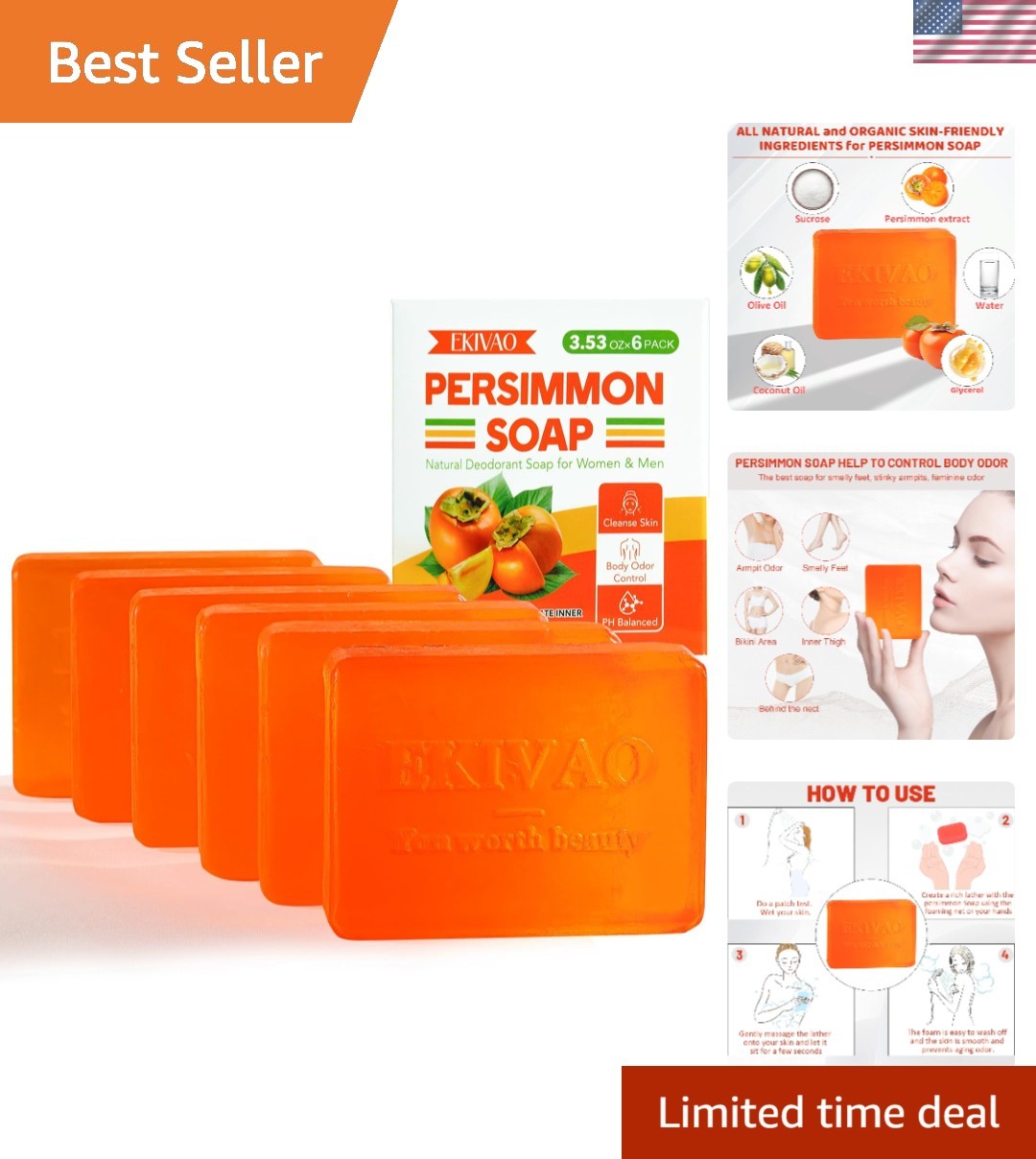 Persimmon Soap Bar 6 Pack Natural Deodorant Body Odor Control Eliminates Strong