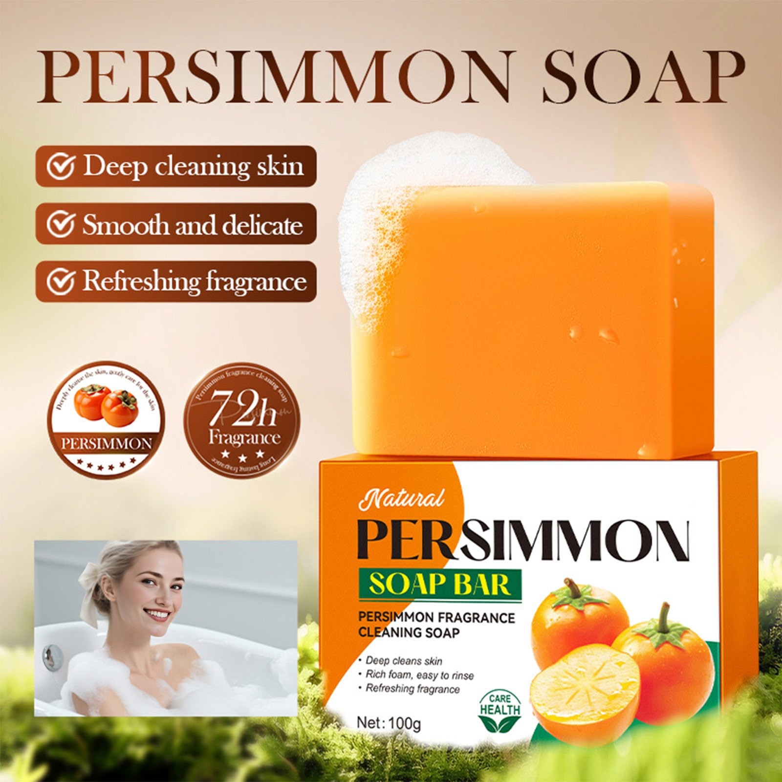 1Pcs 100g Gentle Cleansing Persimmon Soap Bar Oil Control With Foaming Net