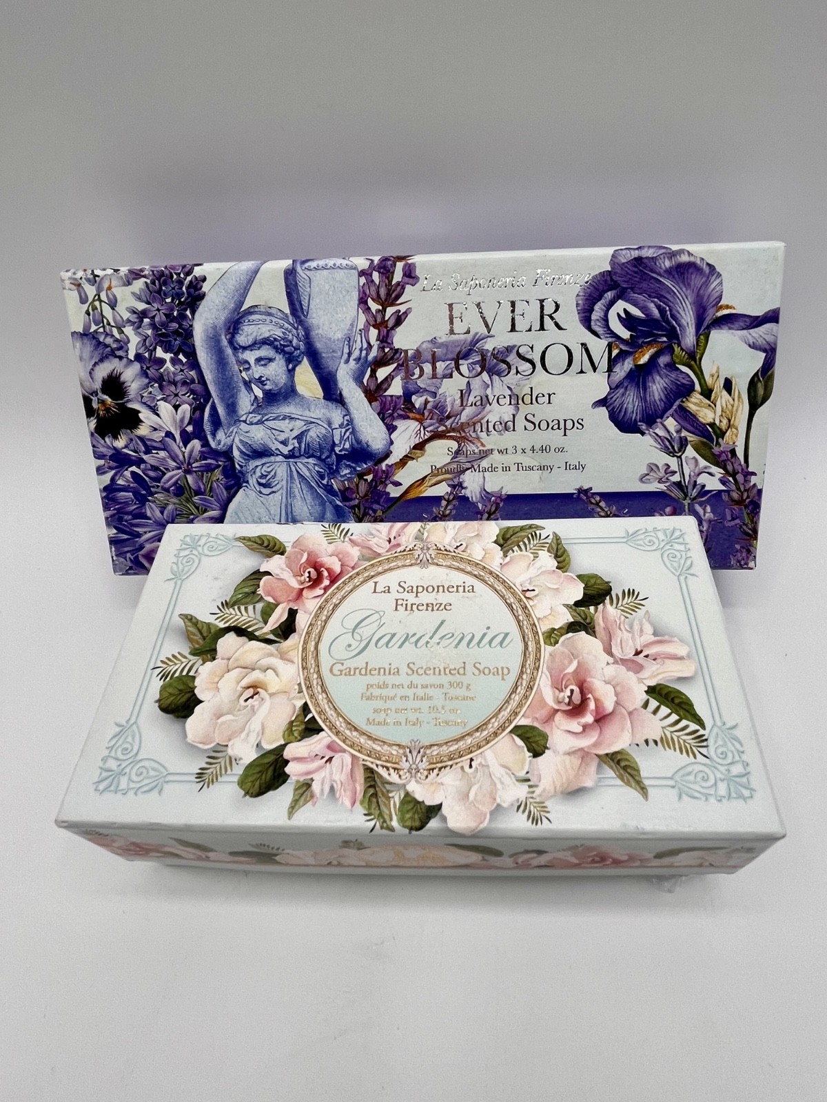 2-LA SAPONERIA FIRENZE SCENTED SOAP SETS-GARDENIA GIFTBOX/LAVENDER GIFT BOX OF 3